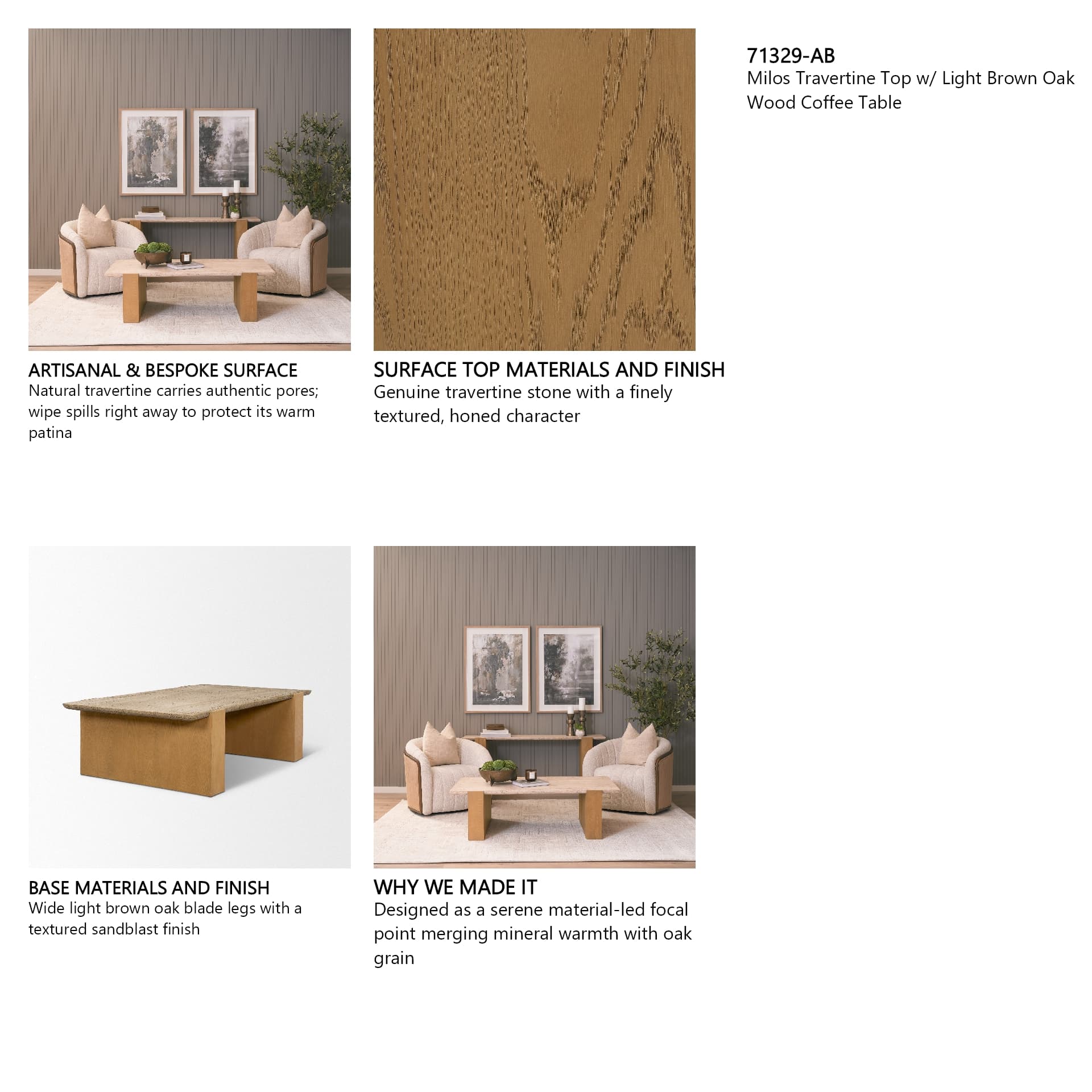 Milos Travertine Top w/ Light Brown Oak Wood Coffee Table — in a styled room