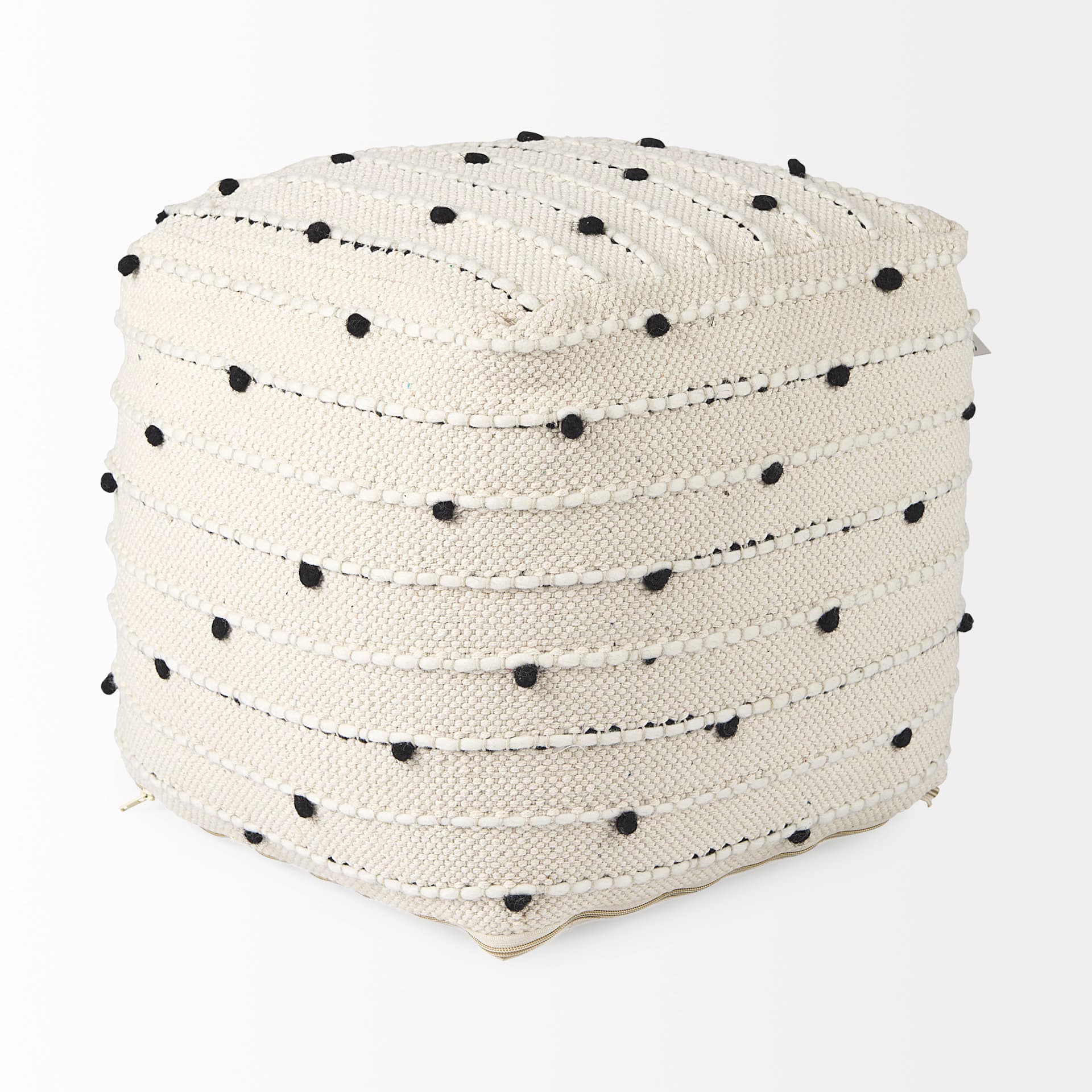 Amaira 16.0L x 16.0W x 16.0H Cream/Black/White patterned Wool and Cotton Pouf — product photograph