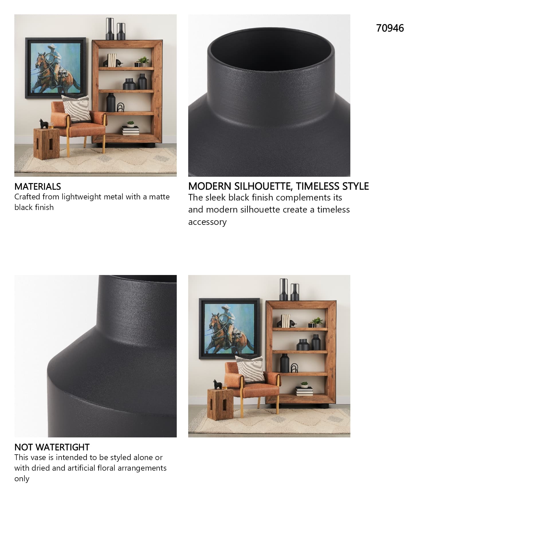 Tosca Medium Matte Black Metal Vase — in a styled room