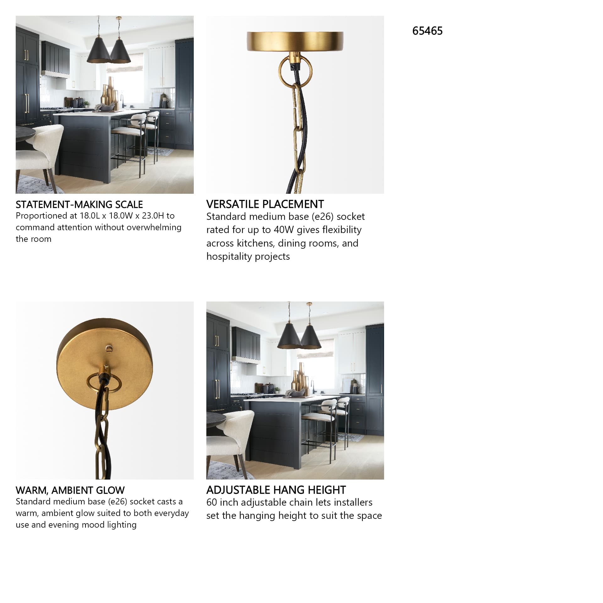 Fenton 18.0L x 18.0W x 23.0H Black W/Antiqued Gold Accents Pendant Light — in a styled room