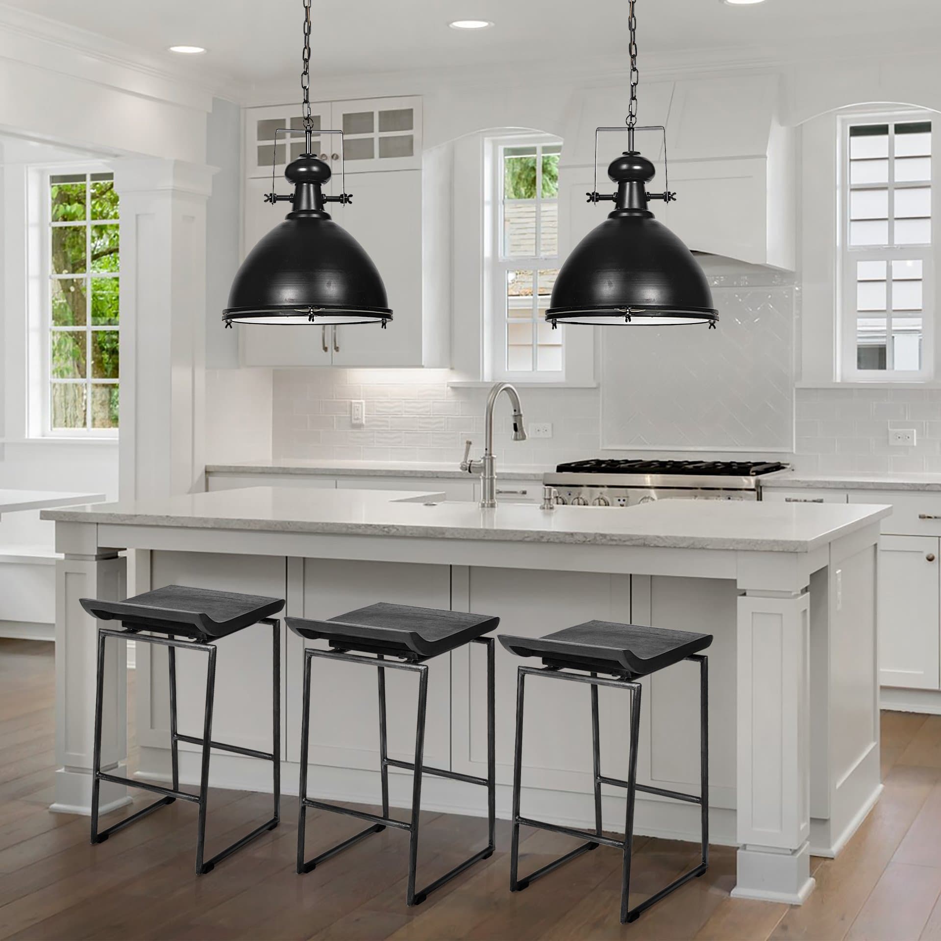 Givens Low Back 26in Seat Counter Stool | Black Wood w/ Black Metal — in a styled room