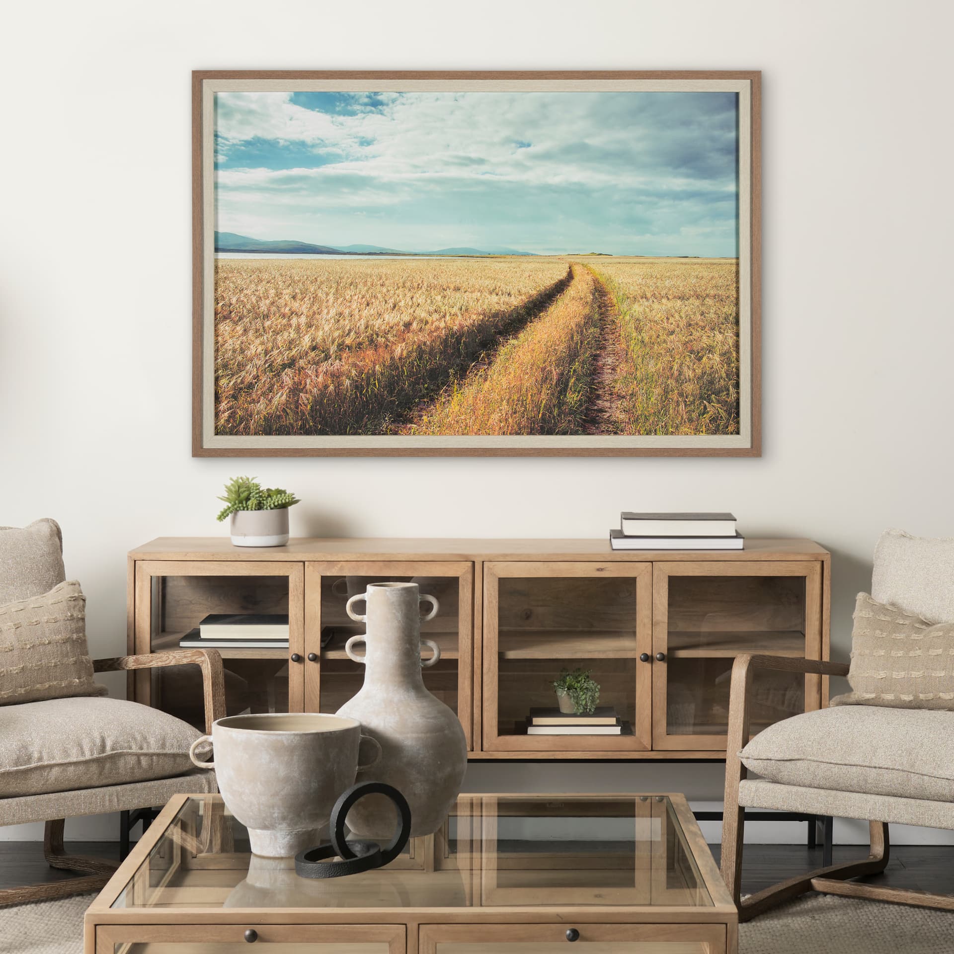 Between The Fields by Matt Roseveare a Hand Embellished Textured Framed Photo Art Print Matted under — in a styled room