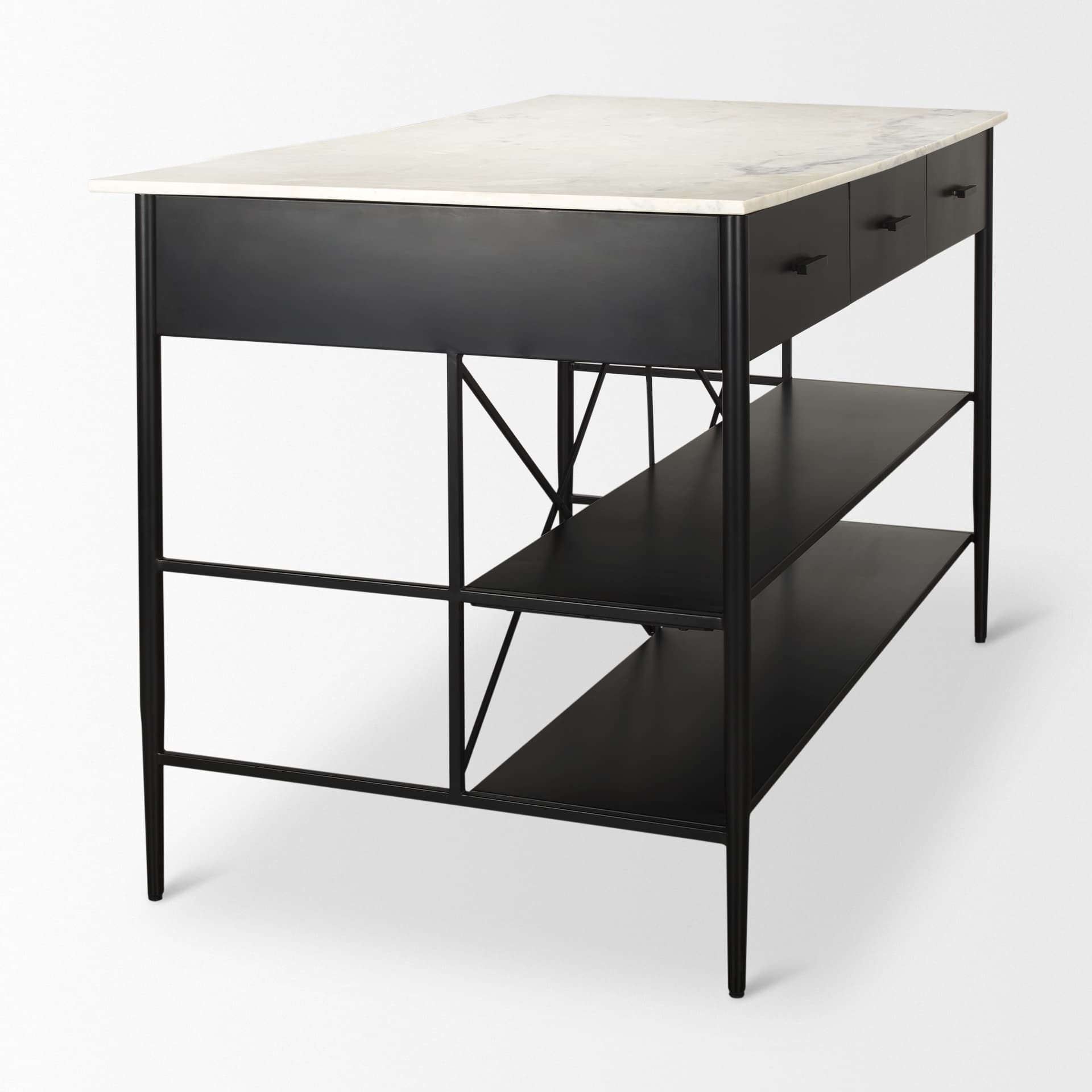 Amika White Marble Top Black Metal Base Kitchen Island — product photograph