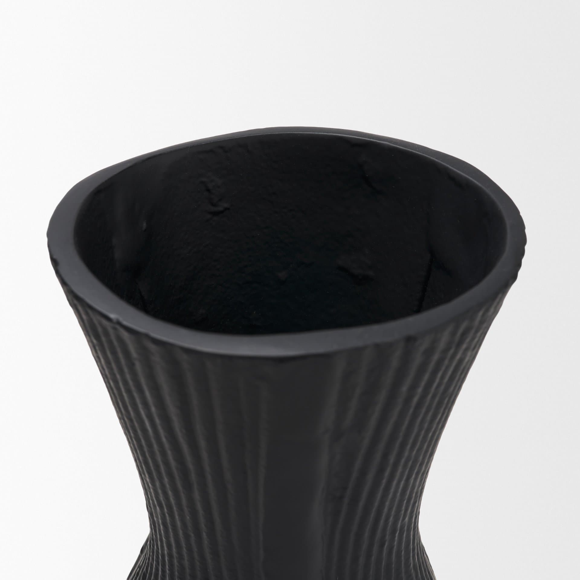 Patine Matte Black Metal Fluted Hourglass Decorative Vase — product photograph