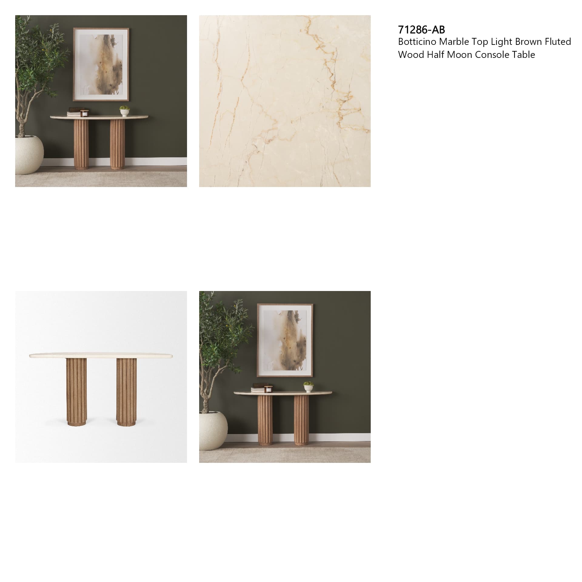 Marbrello Botticino Marble Top Light Brown Fluted Wood Half Moon Console Table — in a styled room