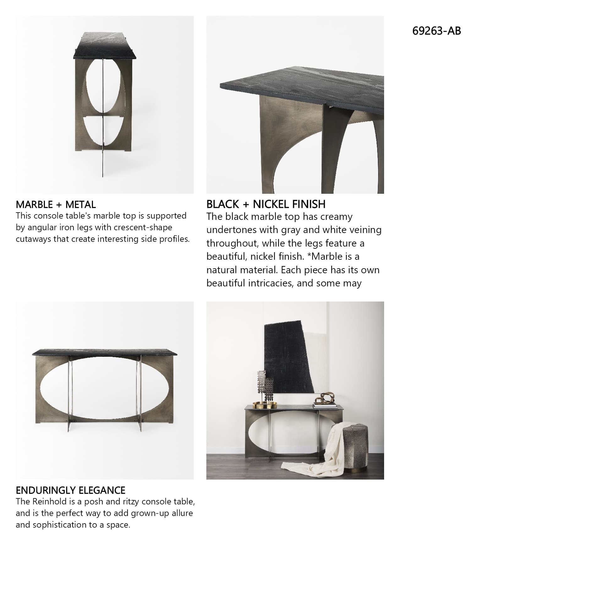 Reinhold IV Black Marble Top Iron Console Table — in a styled room