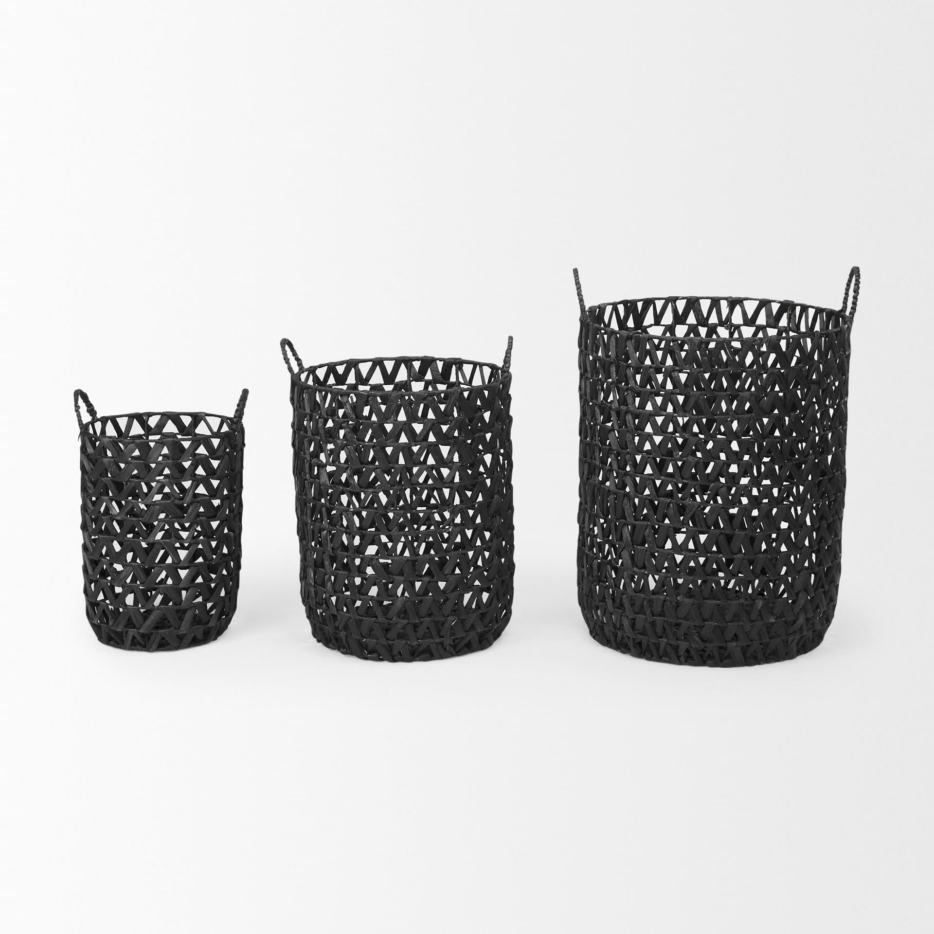 Lola (Set of 3) Black Water Hyacinth Zig Zag Weave Round Basket W/ Handles — product photograph