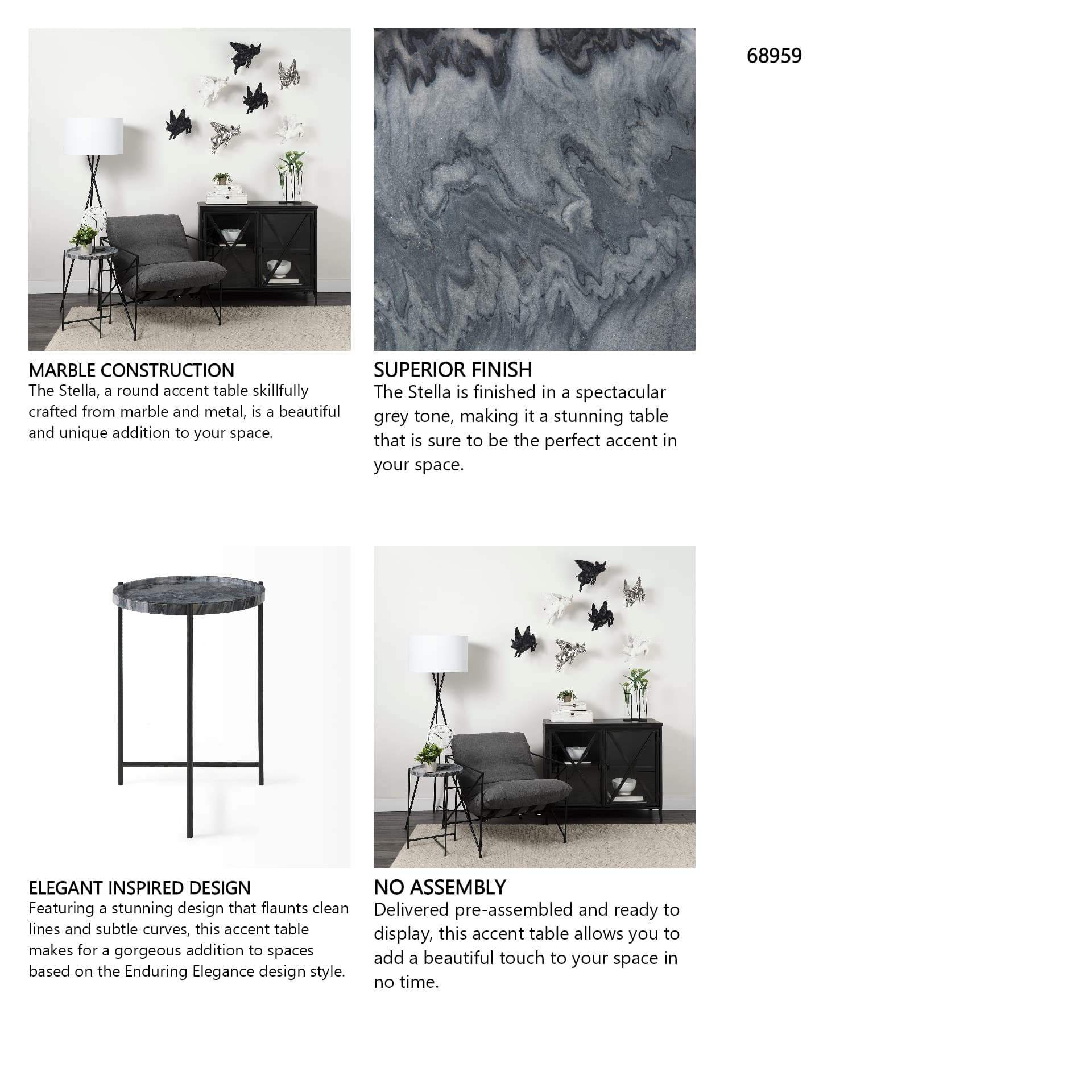 Stella 17L x 17W Gray Round Marble Top W/Black Base Accent Table — in a styled room