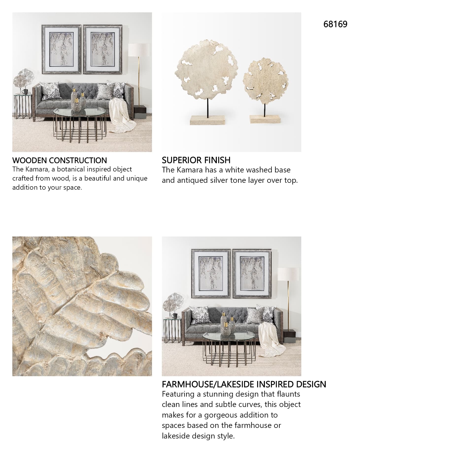 Kamara I (Small) 12L x 4W White Washed Wood W/Antiqued Silver Botanical Decorative Object — in a styled room