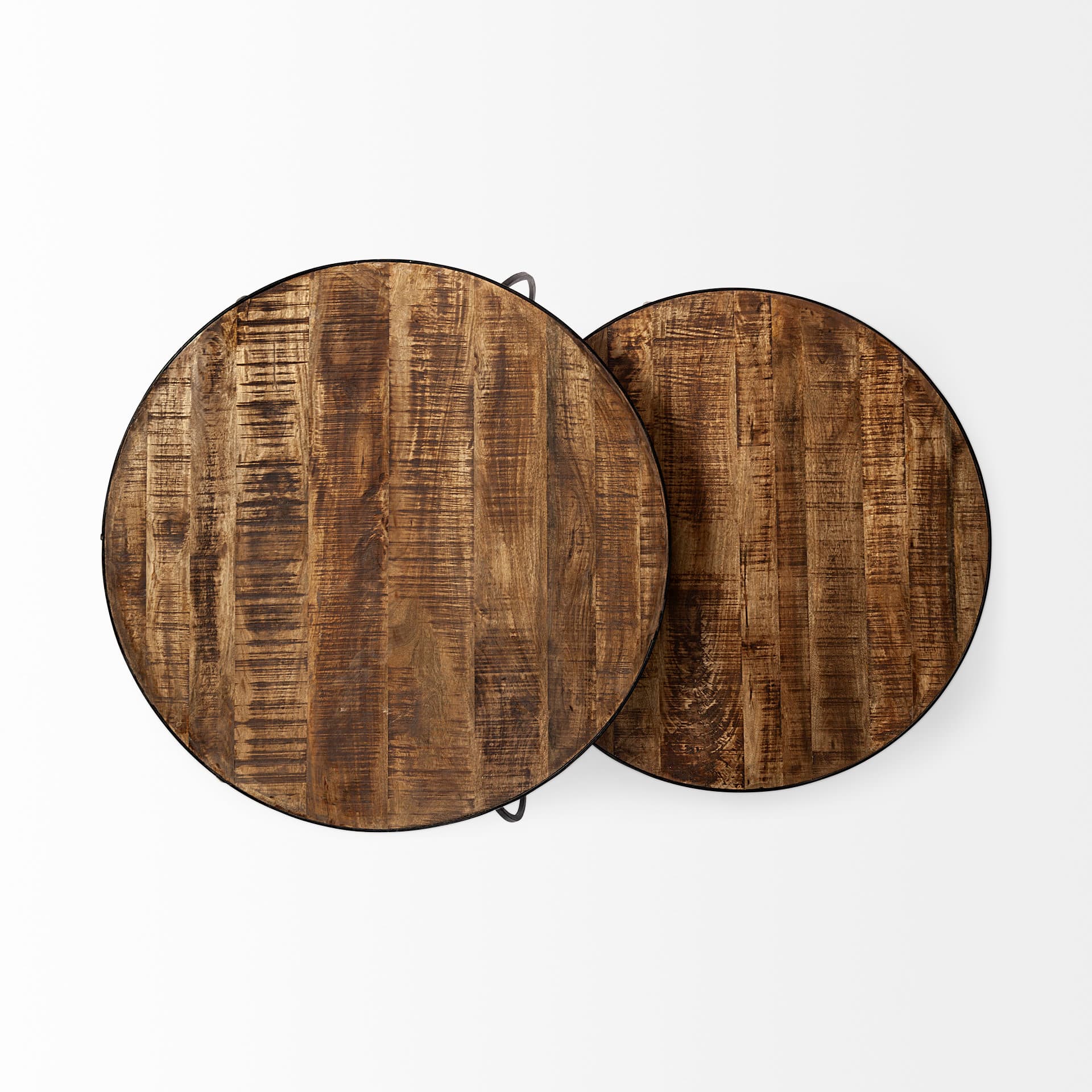 Clapp I Set of 2 (41" & 38") Round Brown Wood Top Black Iron Base Nesting Coffee Tables — product photograph