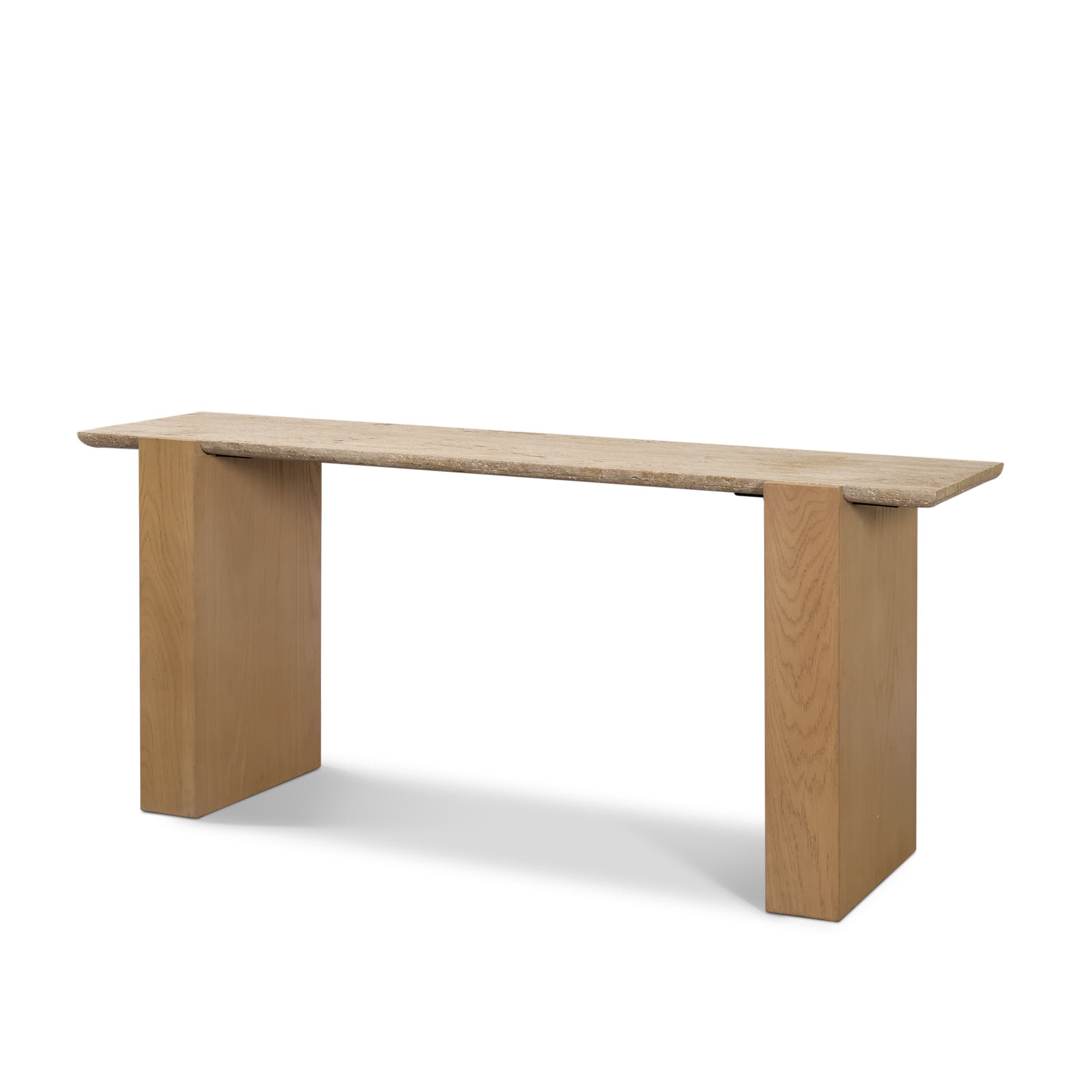 Milos Travertine Top w/ Light Brown Oak Wood Console Table — product photograph