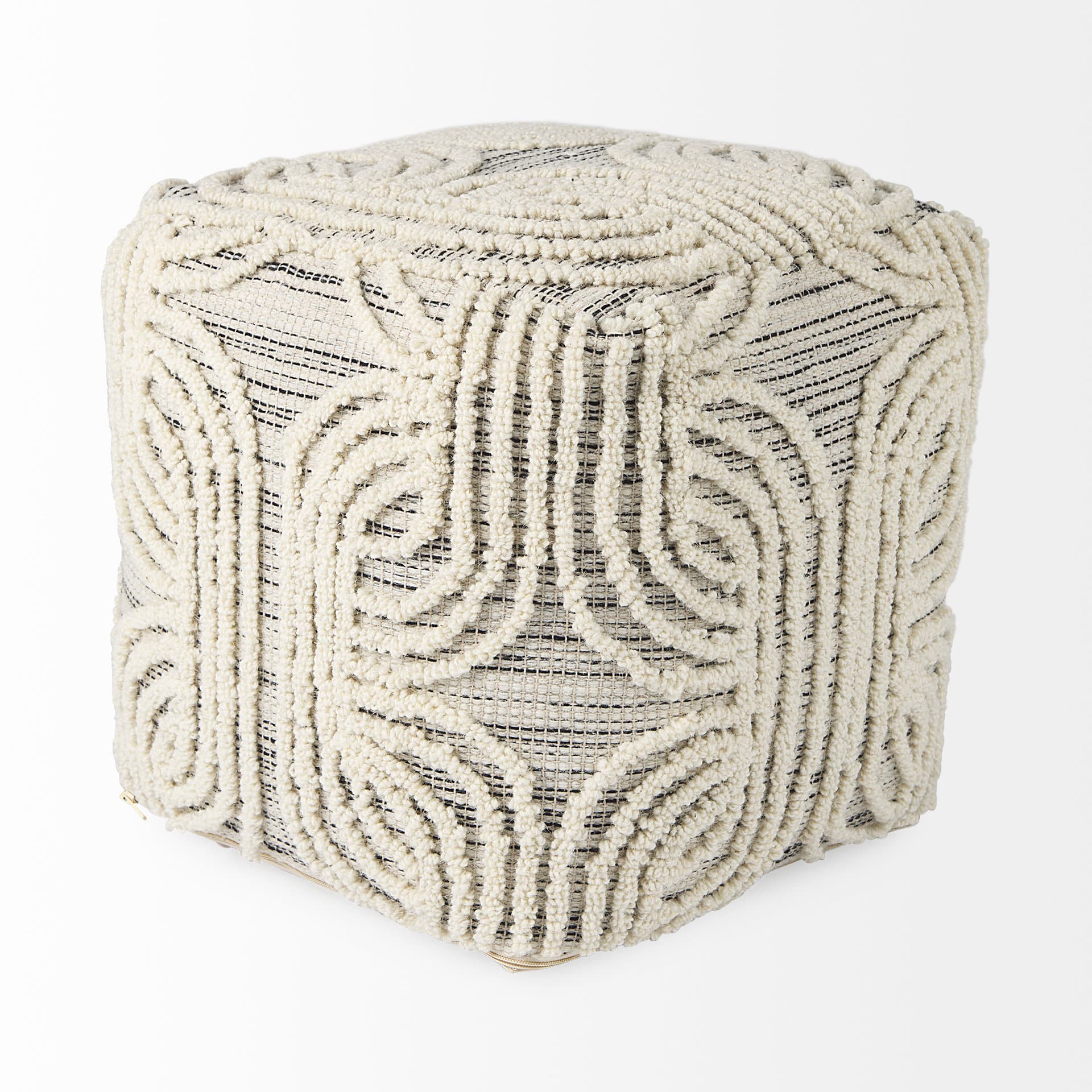Amaya 16.0L x 16.0W x 16.0H Cream/Black/Gray Wool and Cotton Pouf — product photograph