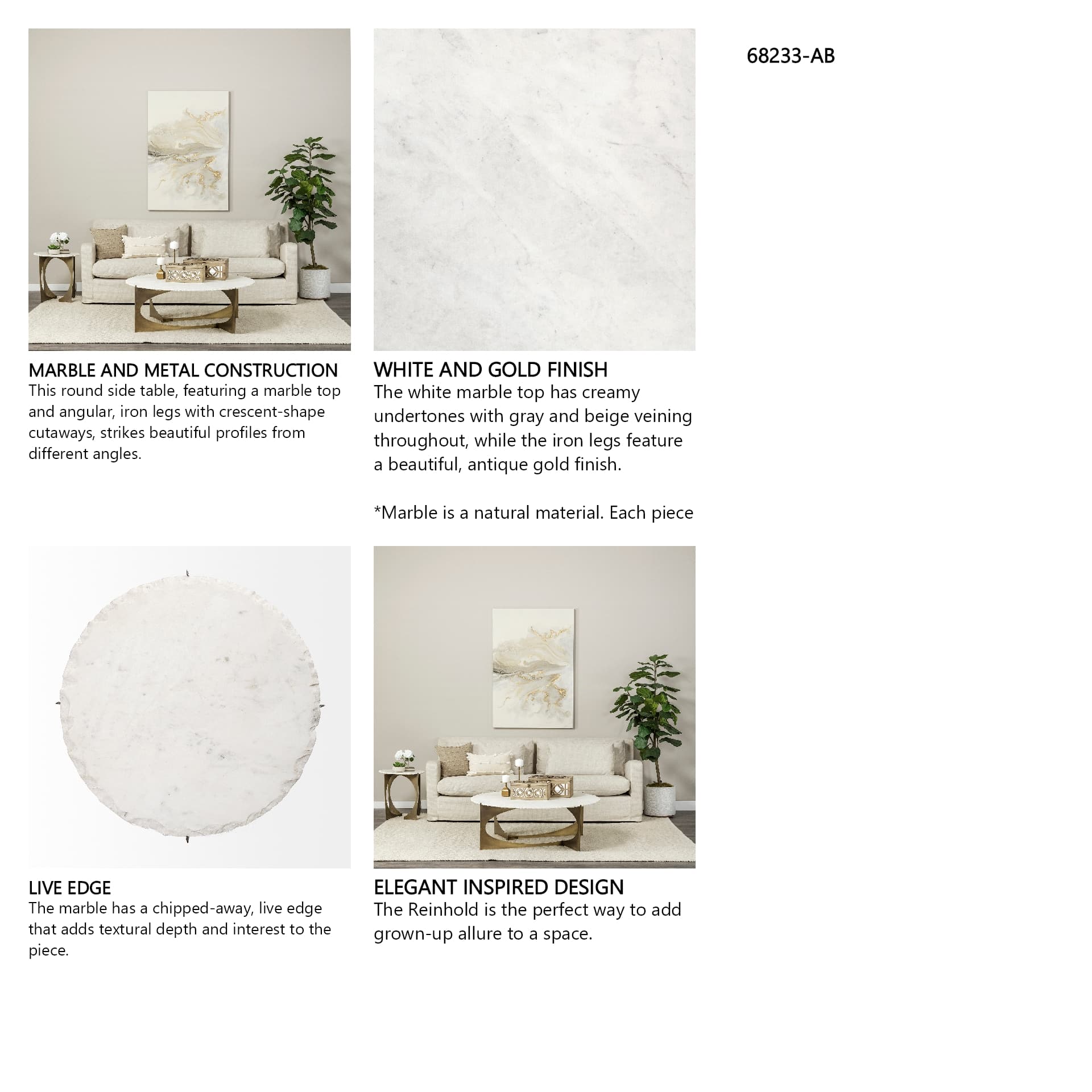 Reinhold II 21L x 21W x 21H Round Live-Edge Marble Top and Gold Metal Base Side/End Table — in a styled room