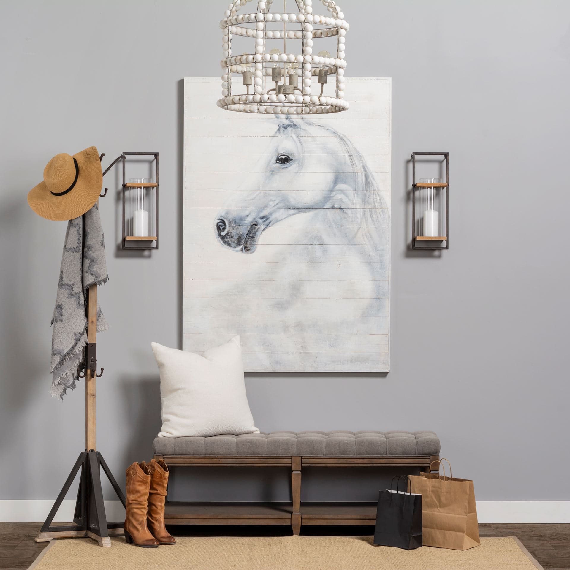 Lamda 22 x 75 Black Metal and Light Brown Wood Coat Rack — in a styled room