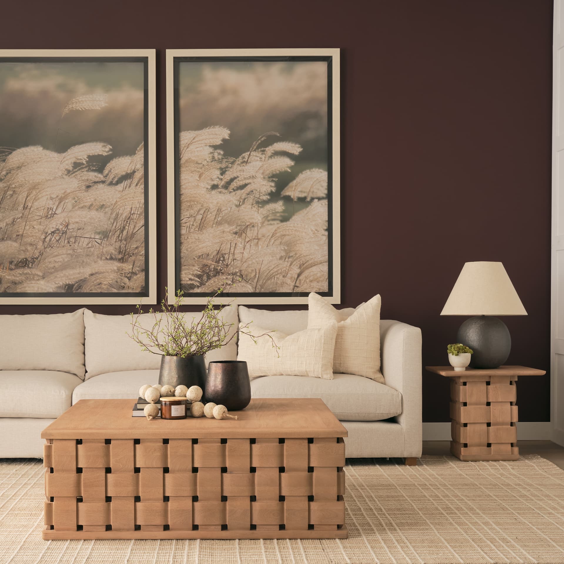 Trellyn 48" Light Brown Wood w/ Carved Woven Base Square Coffee Table — in a styled room