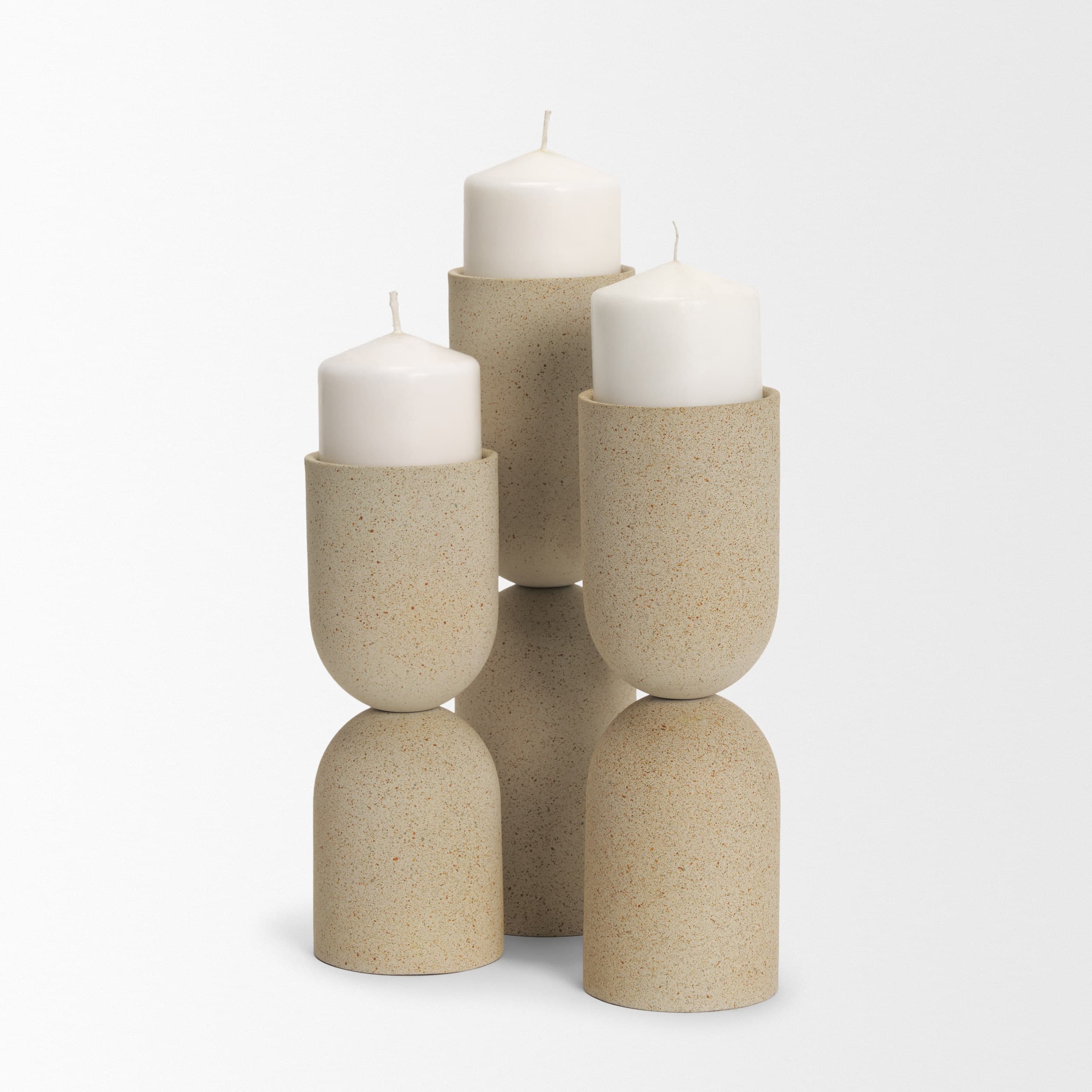 Qamra Short Beige Textured Metal Pillar Candle Holder — product photograph
