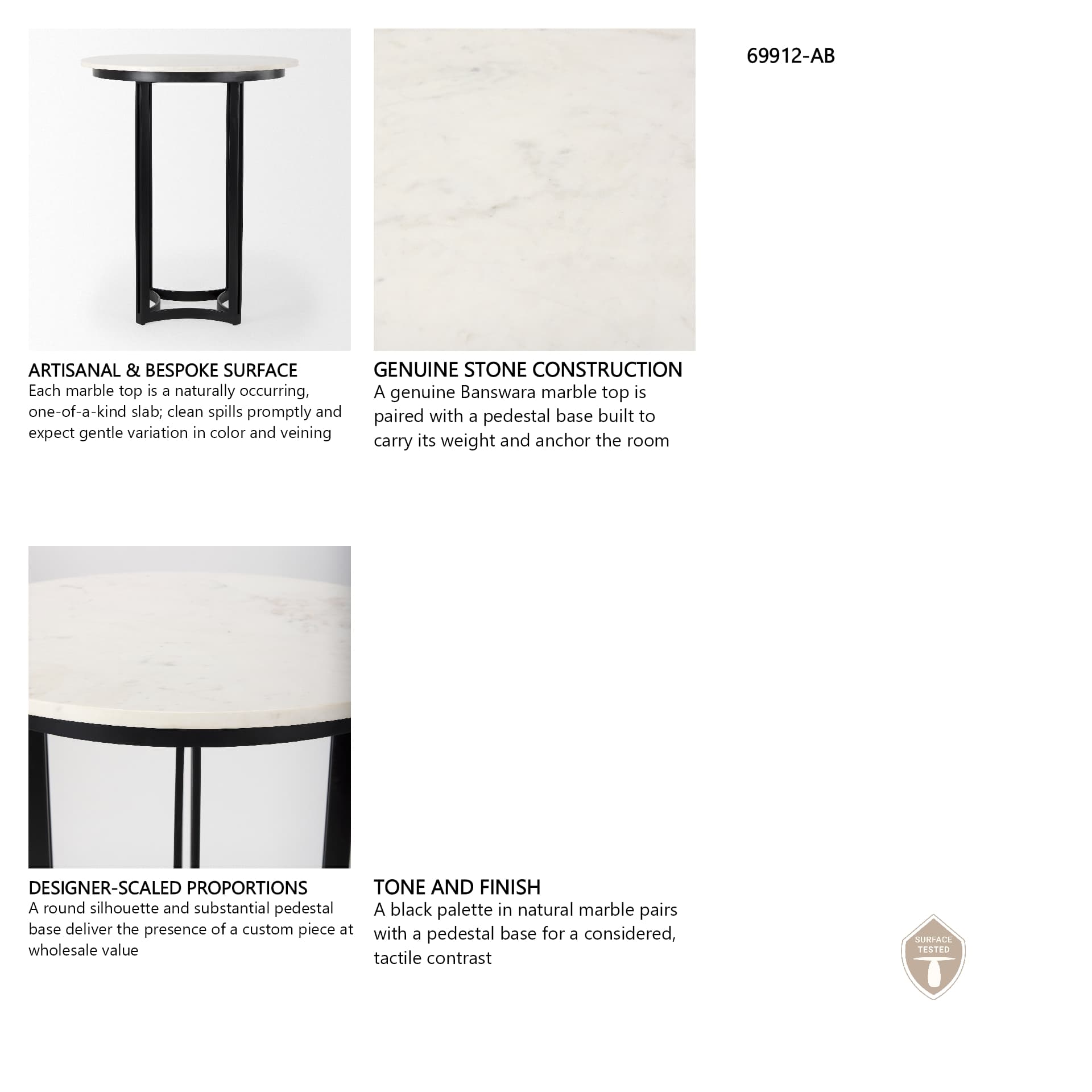 Tanner 32"L x 32"W Pedestal Dining Table | White Marble & Black Metal | Seats 2 — product photograph