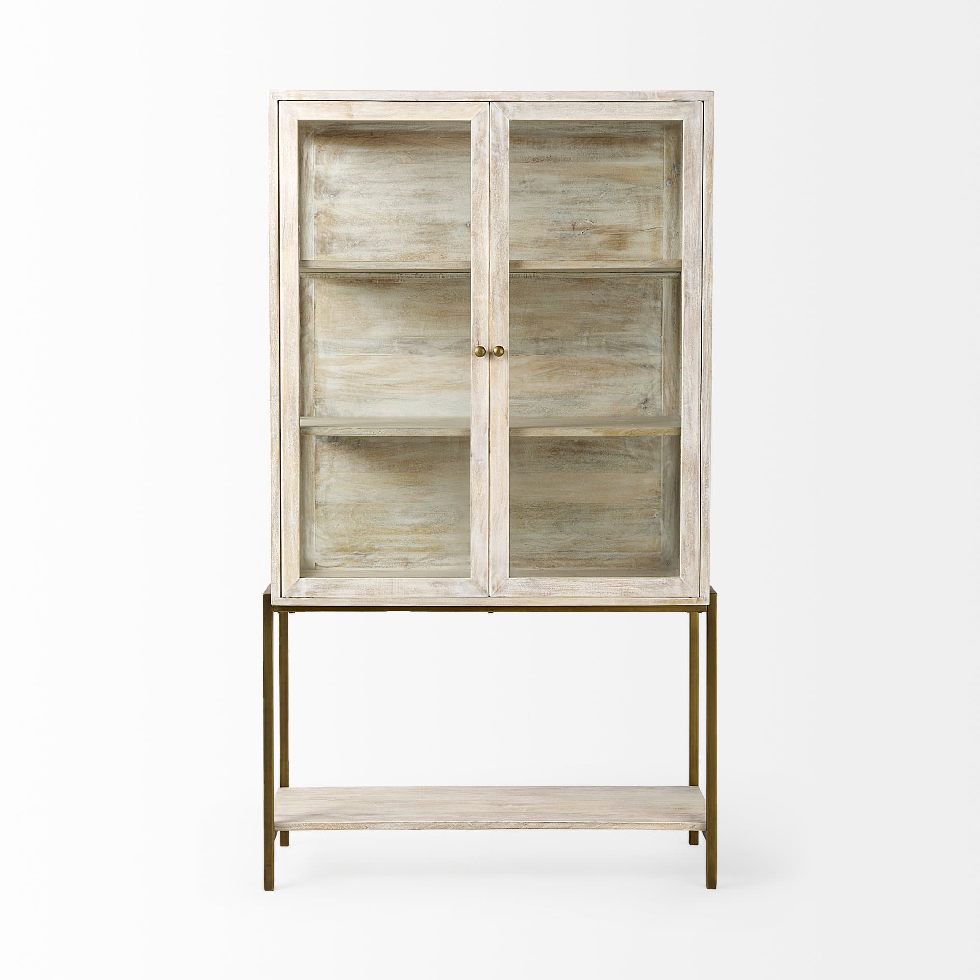 Arelius 36L x 18.75W x 63H White Wood W/ Gold Metal Base Display Cabinet — product photograph