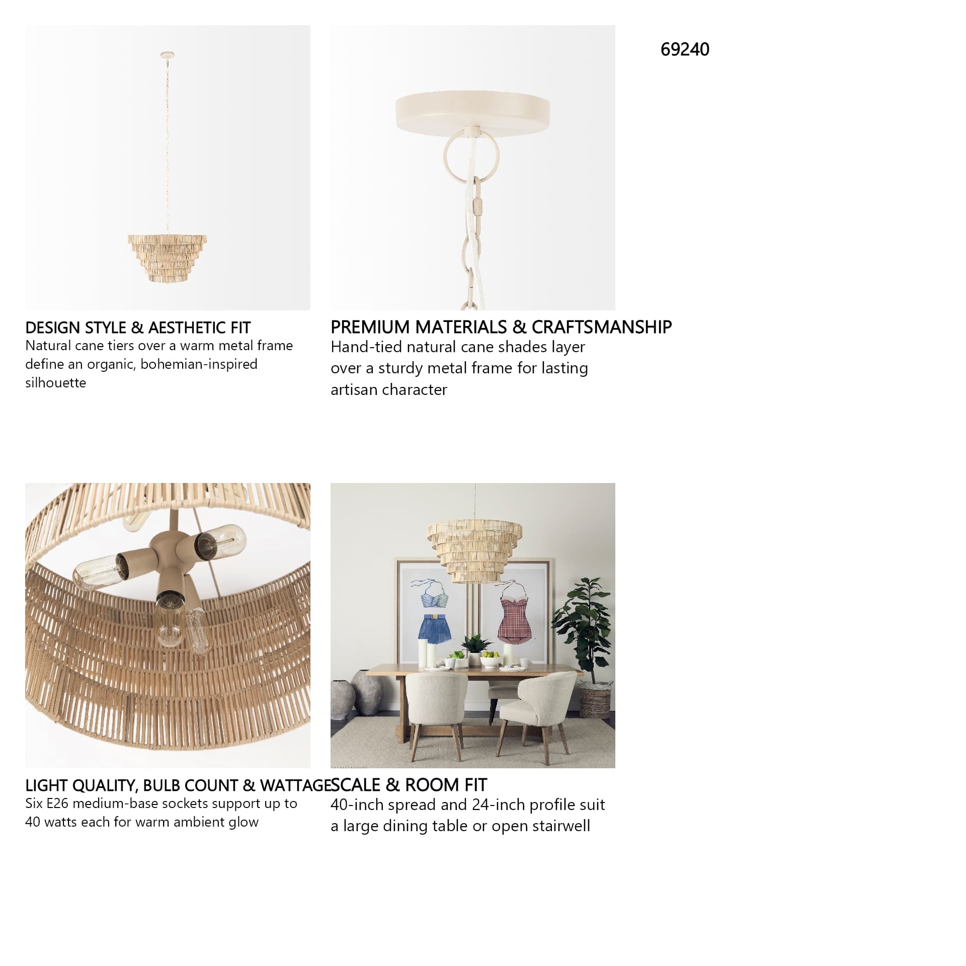 Marimba 40 L x 40 W x 24 H Natural Cane 6 Tier Chandelier — in a styled room