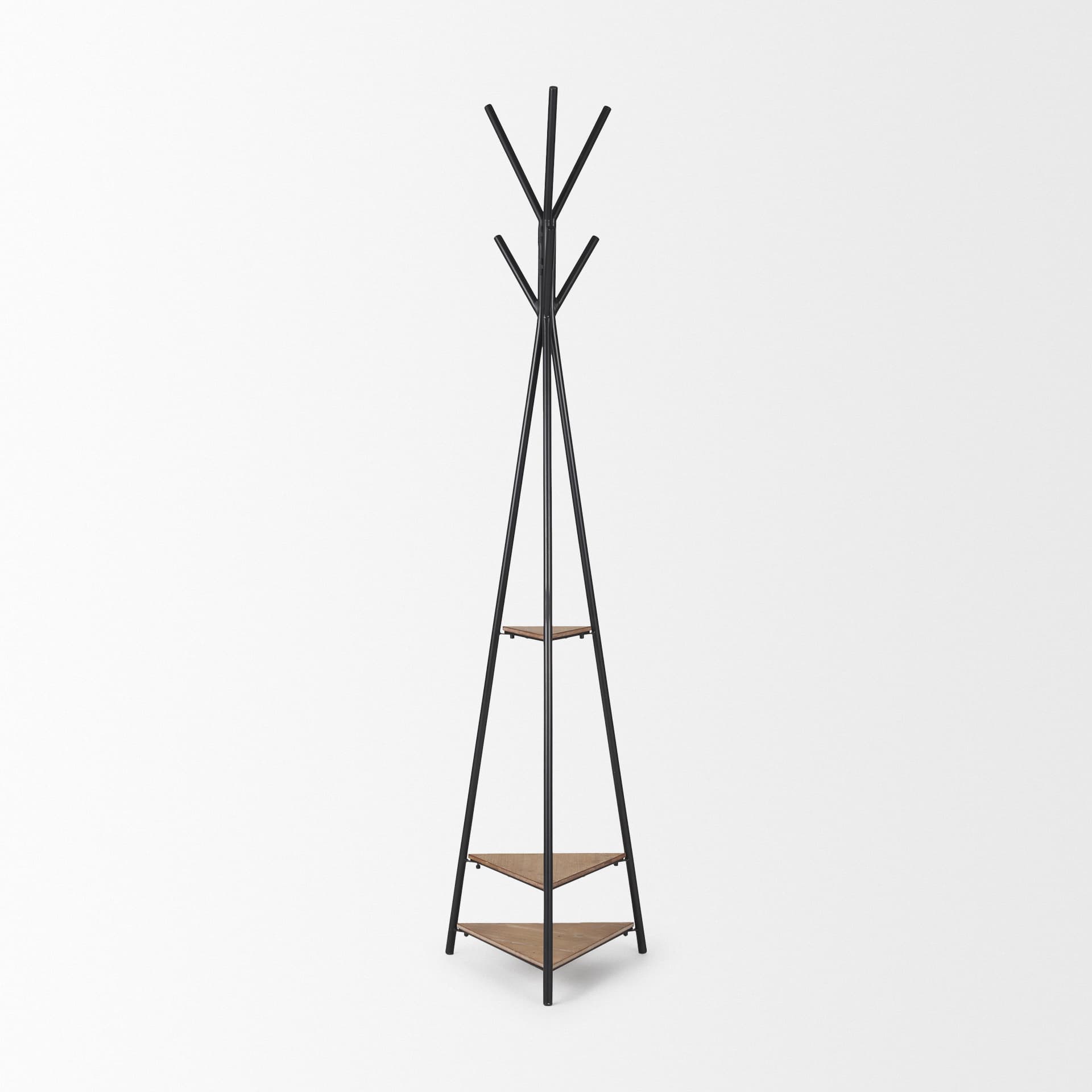 Everett Matte Black Metal w/ Two Wood Shelves Coat Rack — product photograph