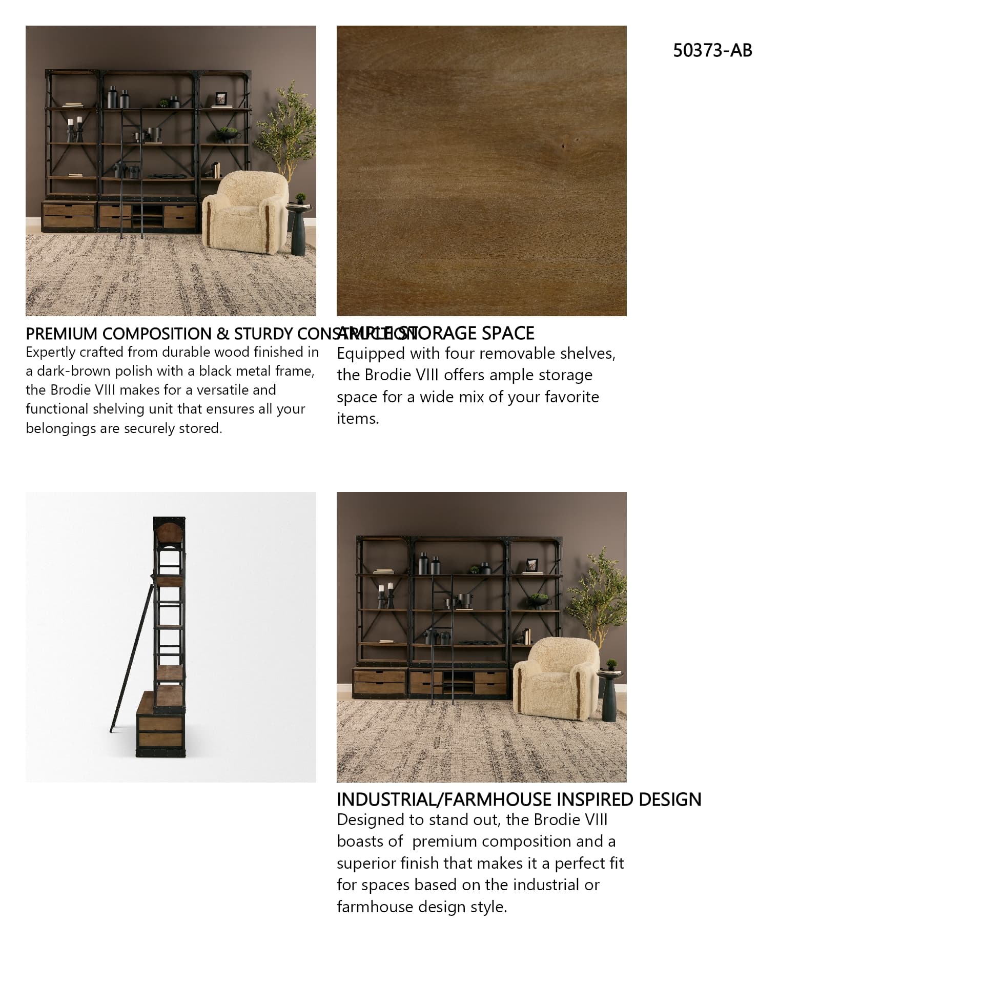 Brodie VIII 57L x 20.5W x 94H Brown Wood Gun-Metal Ladder Four Shelf Shelving Unit — in a styled room