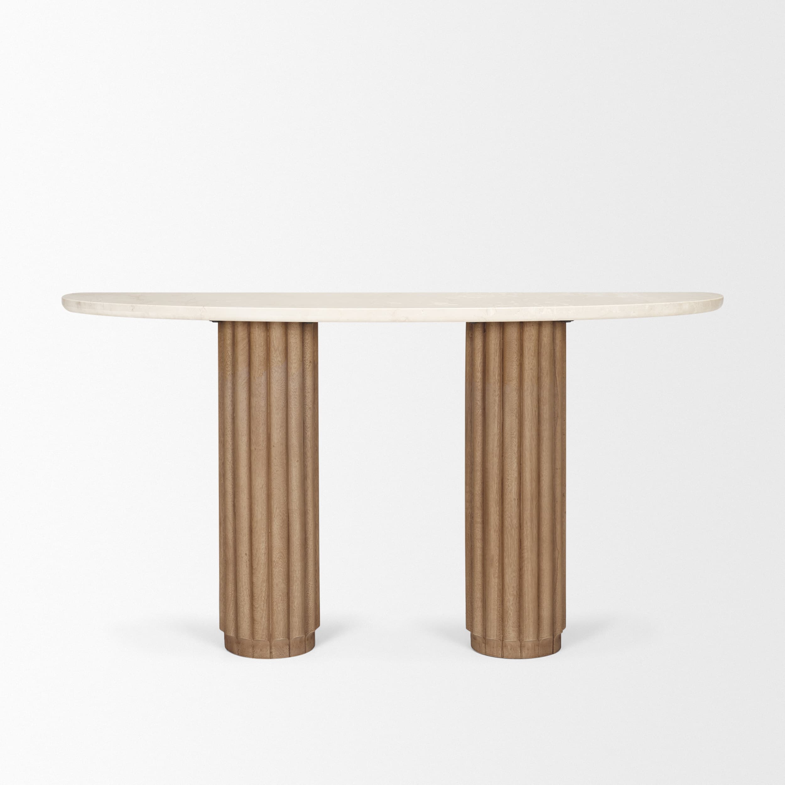 Marbrello Botticino Marble Top Light Brown Fluted Wood Half Moon Console Table — product photograph