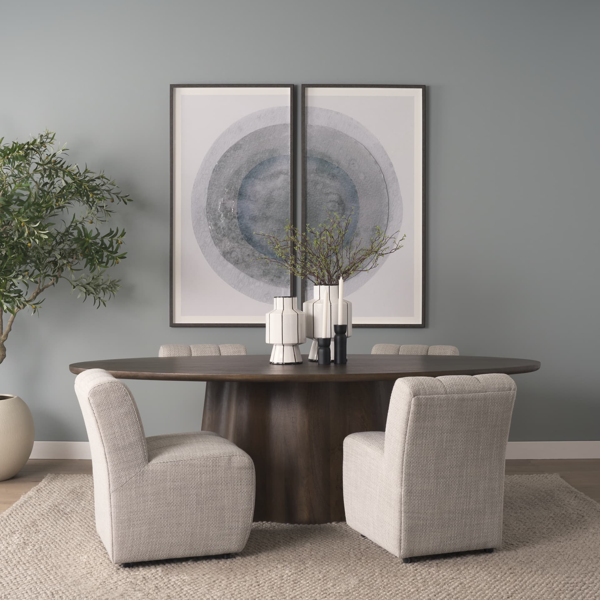 Wilkins Barrel Back Dining Arm Chair | Gray Fabric w/ Wood — product photograph