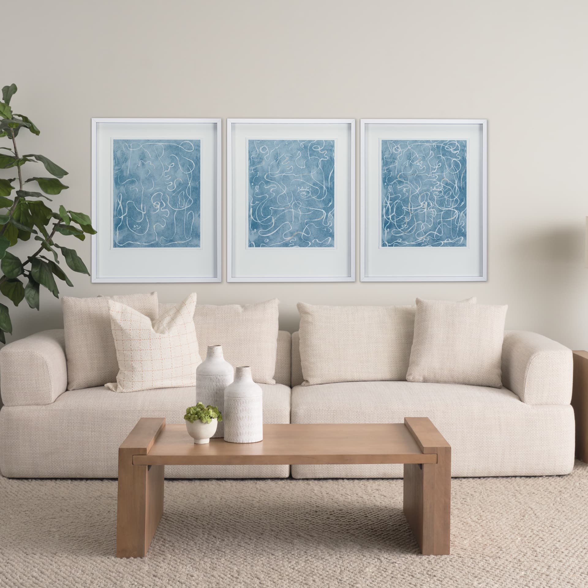 Thread Blue II by Mercana Studio a Hand Embellished Textured Framed Art Print Matted under Glass — in a styled room