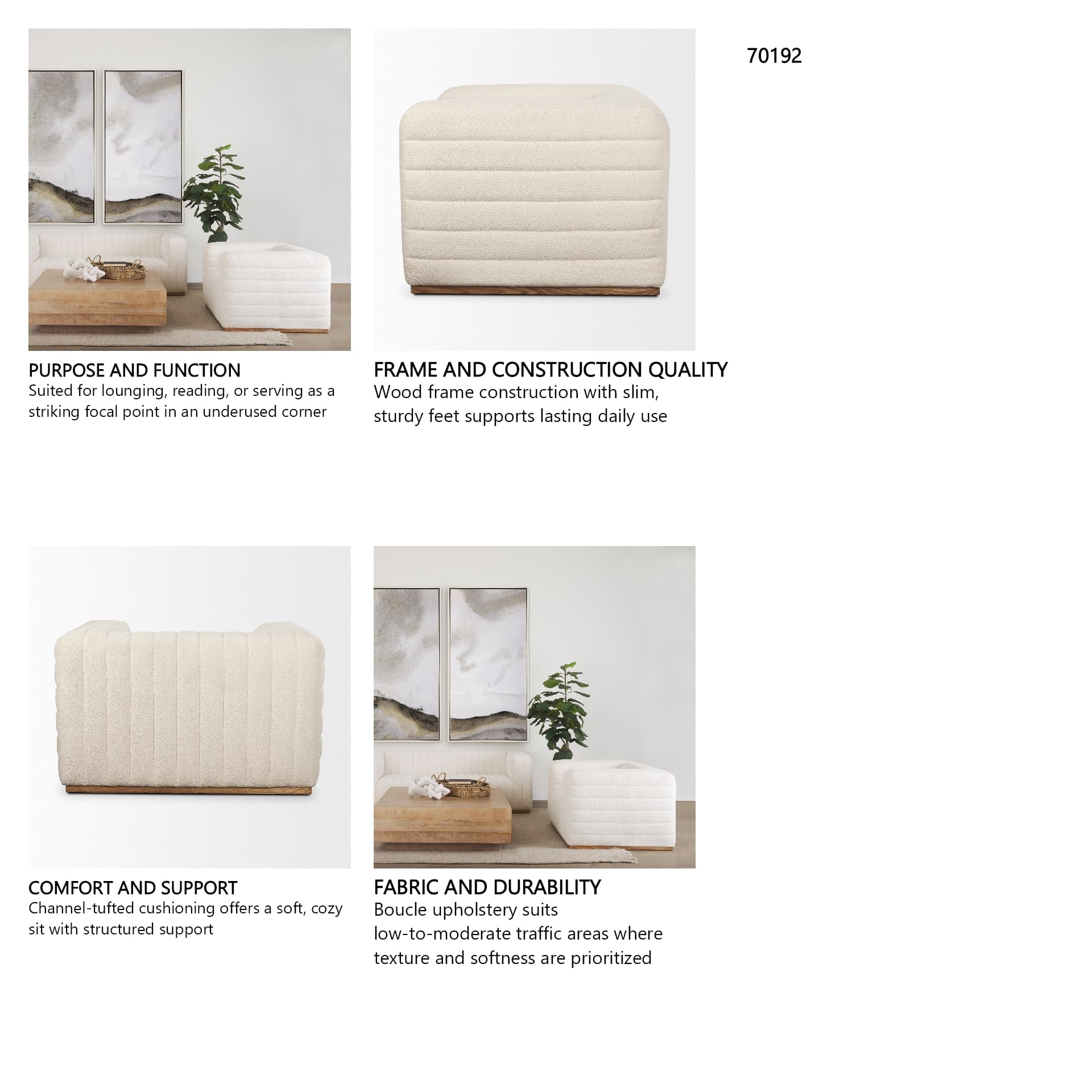 Ricciardo Cream Boucle Upholstered Arm Chair — in a styled room