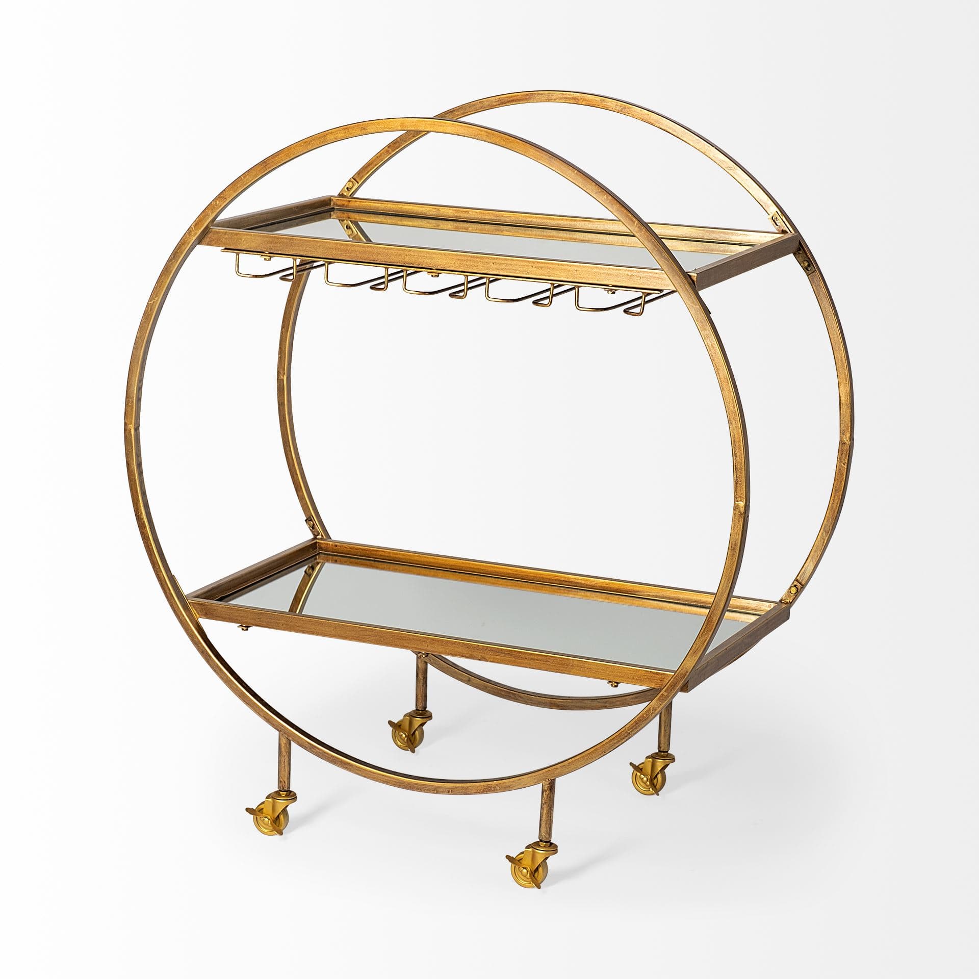 Carola Gold Frame Two-Tier Glass Shelves w/Stemware Holder Bar Cart — product photograph