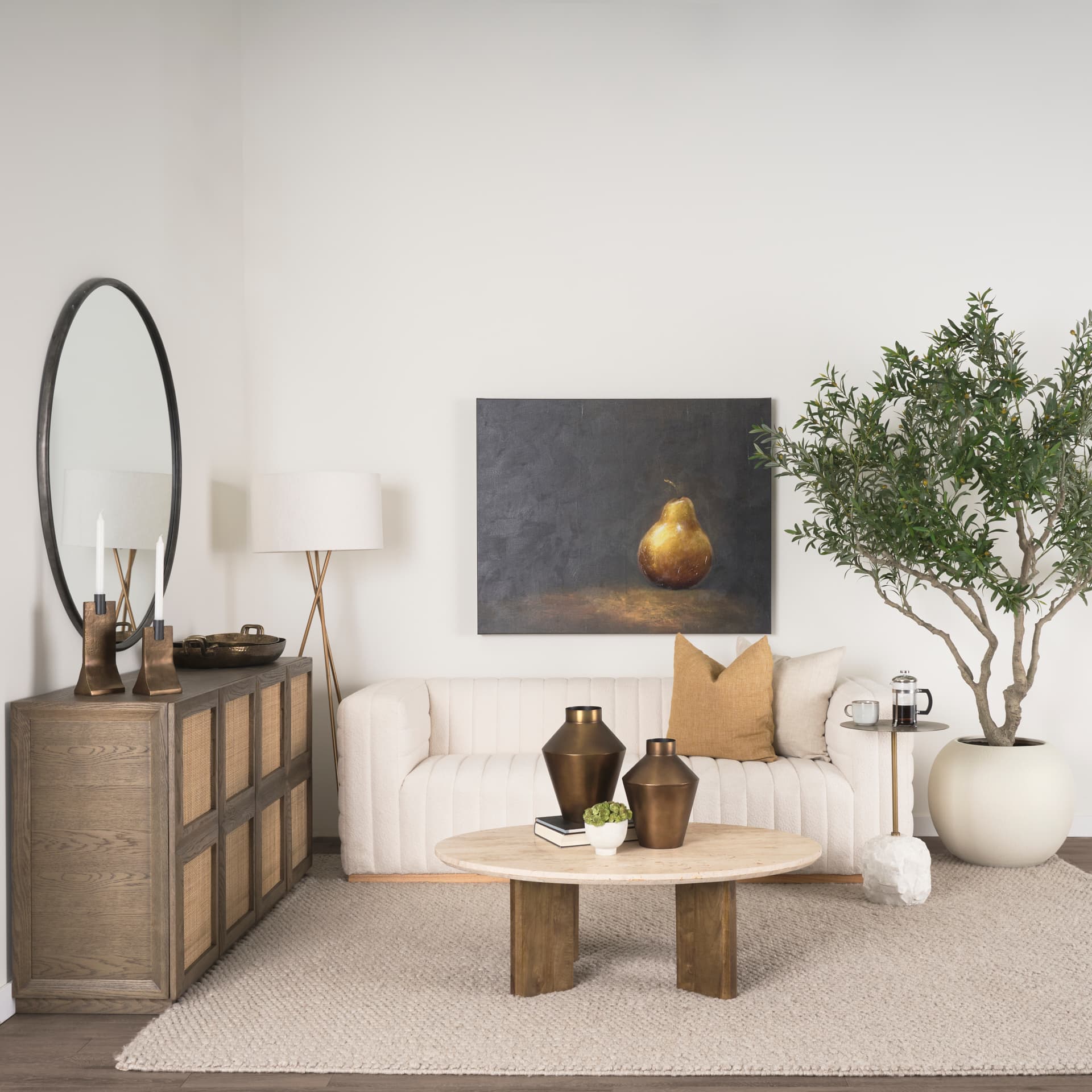 Sina Brown Oak Wood w/ Natural Rattan 4 Door Sideboard — product photograph