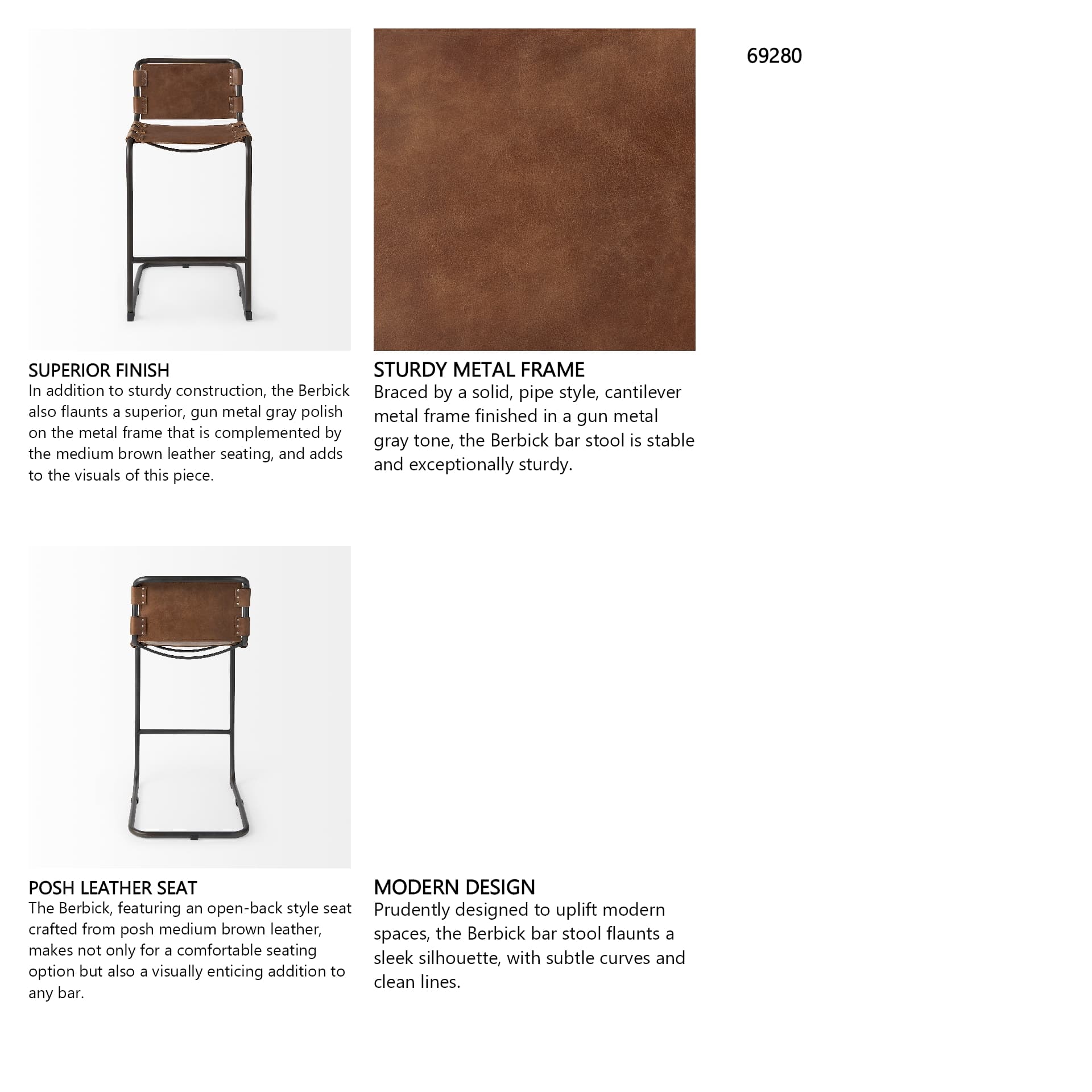 Berbick Low Back 30in Seat Bar Stool | Brown Leather w/ Gray Metal — product photograph