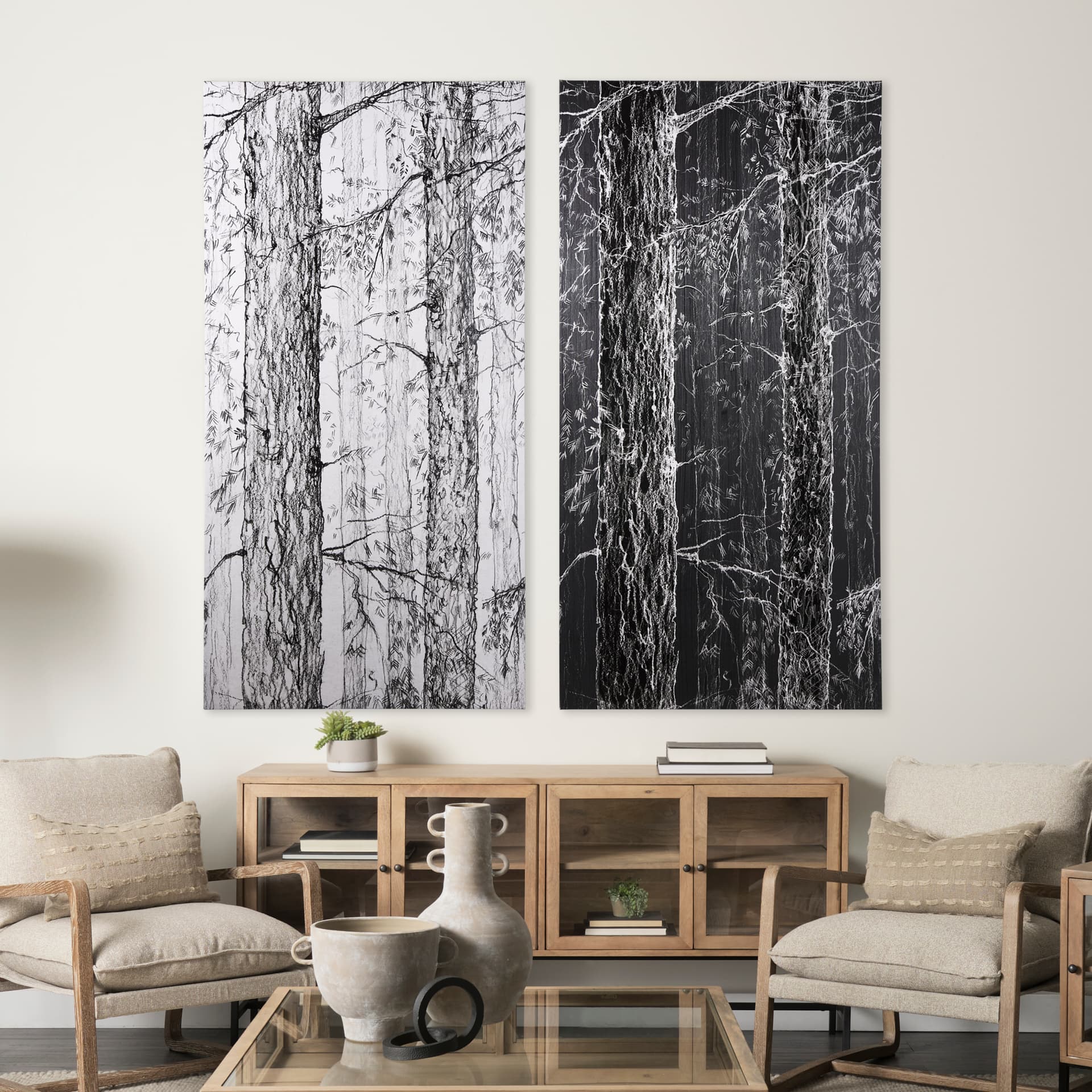 Forest BW I by Ariana a Hand Embellished Textured Canvas — in a styled room