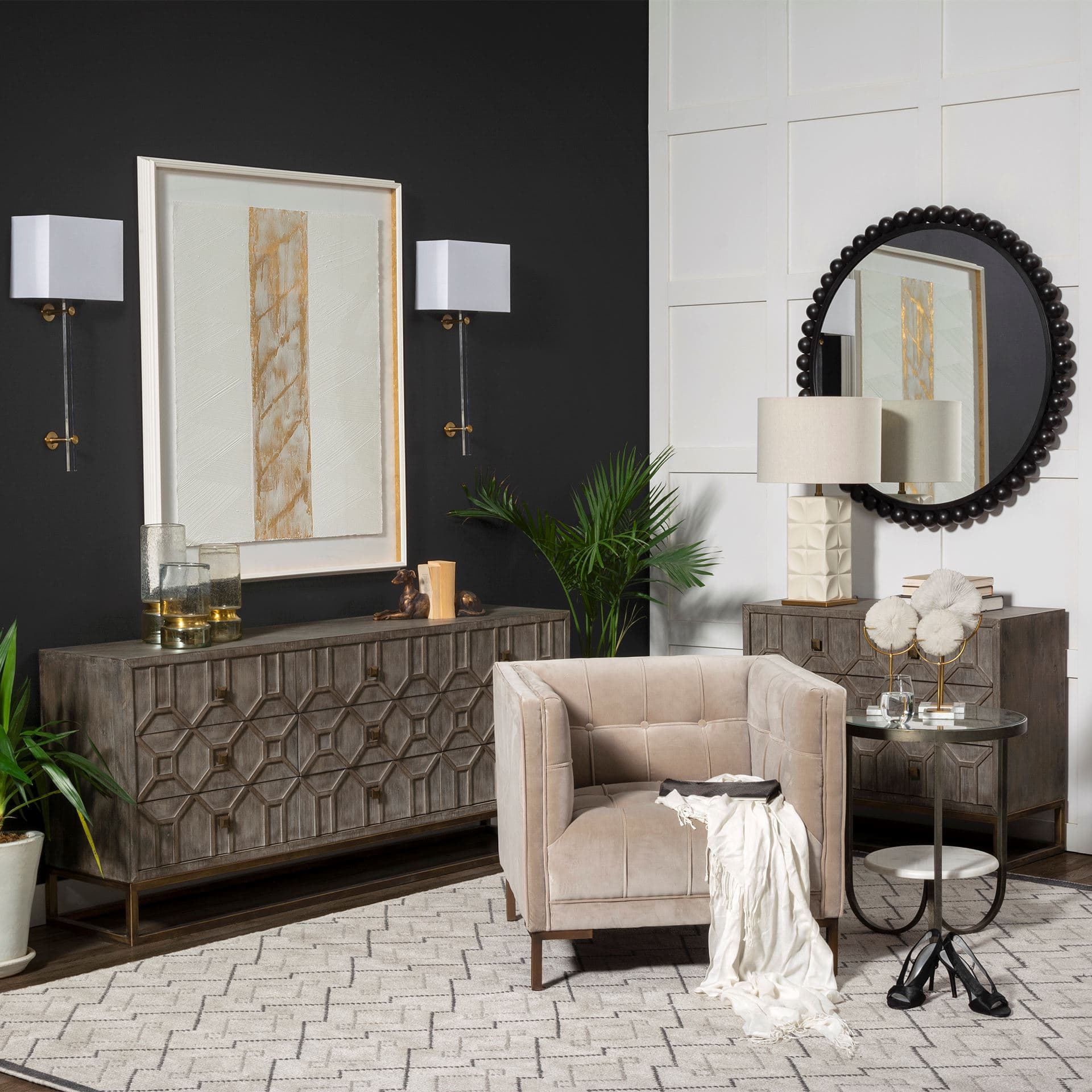 Cantabria 12x30 White Shade Brass/Acrylic Wall Sconce — in a styled room