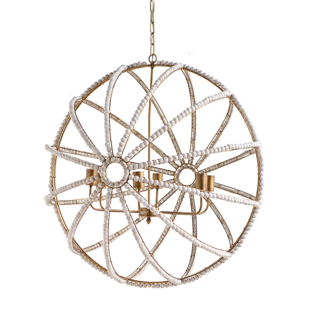 Ava White (34"D) Gold Metal and White Wood Beaded Six Bulb Chandelier — product photograph