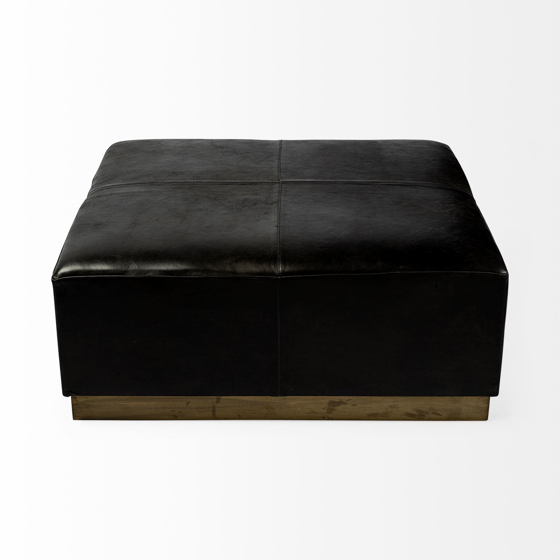 Minara 36" Square Black Leather Wrapped w/Metal Base Ottoman — product photograph