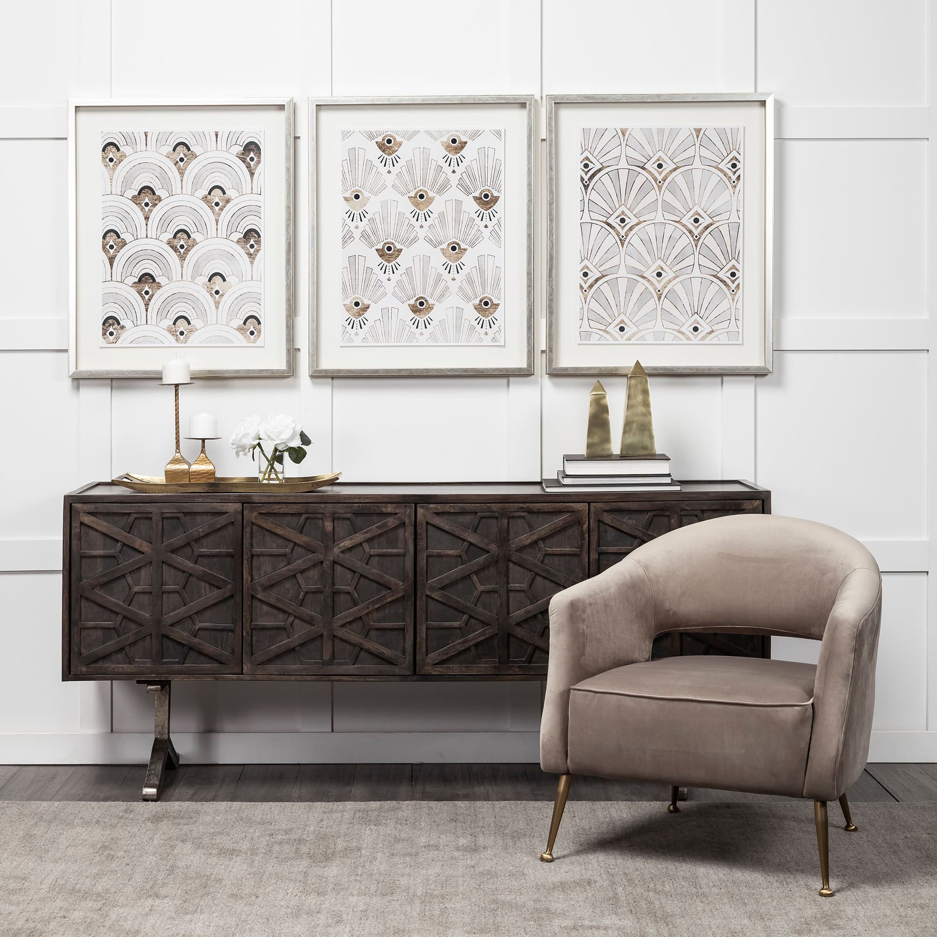 Deco Patterning III by Victoria Barnes Hand Embellished Textured Framed Art Print Matted under Glass — in a styled room