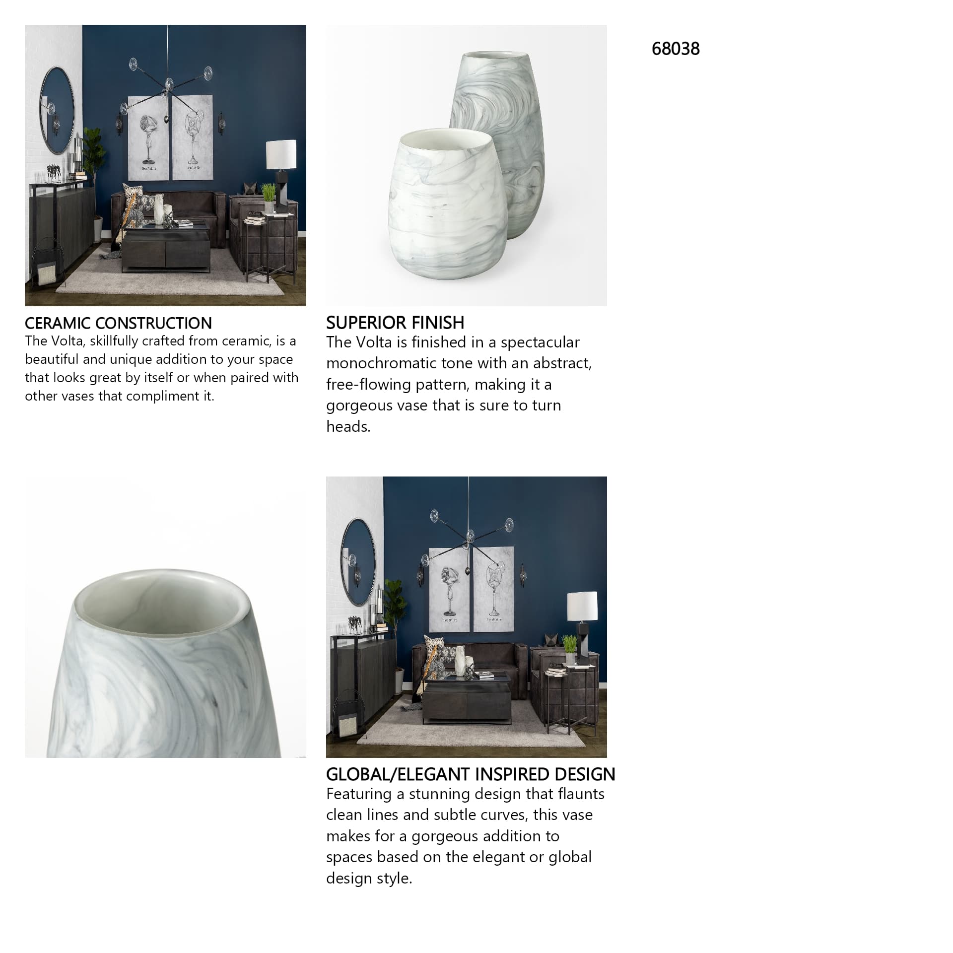 Volta II Tall White Gray Abstract Pattern Glass Vase — in a styled room