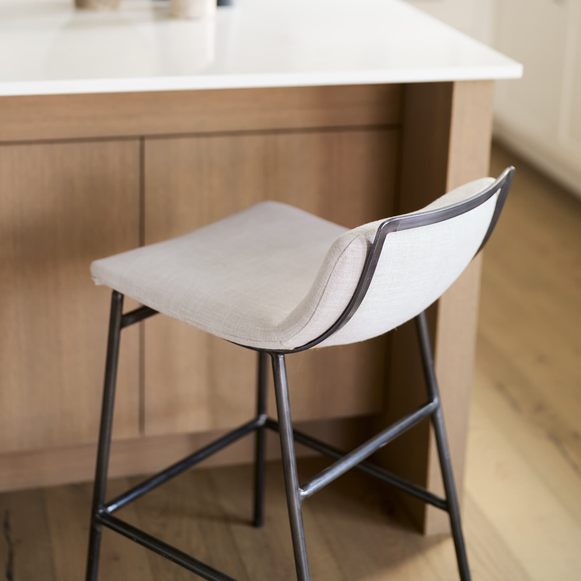 Kavalan Low Back 24.25in Seat Counter Stool | Beige Fabric w/ Metal — product photograph