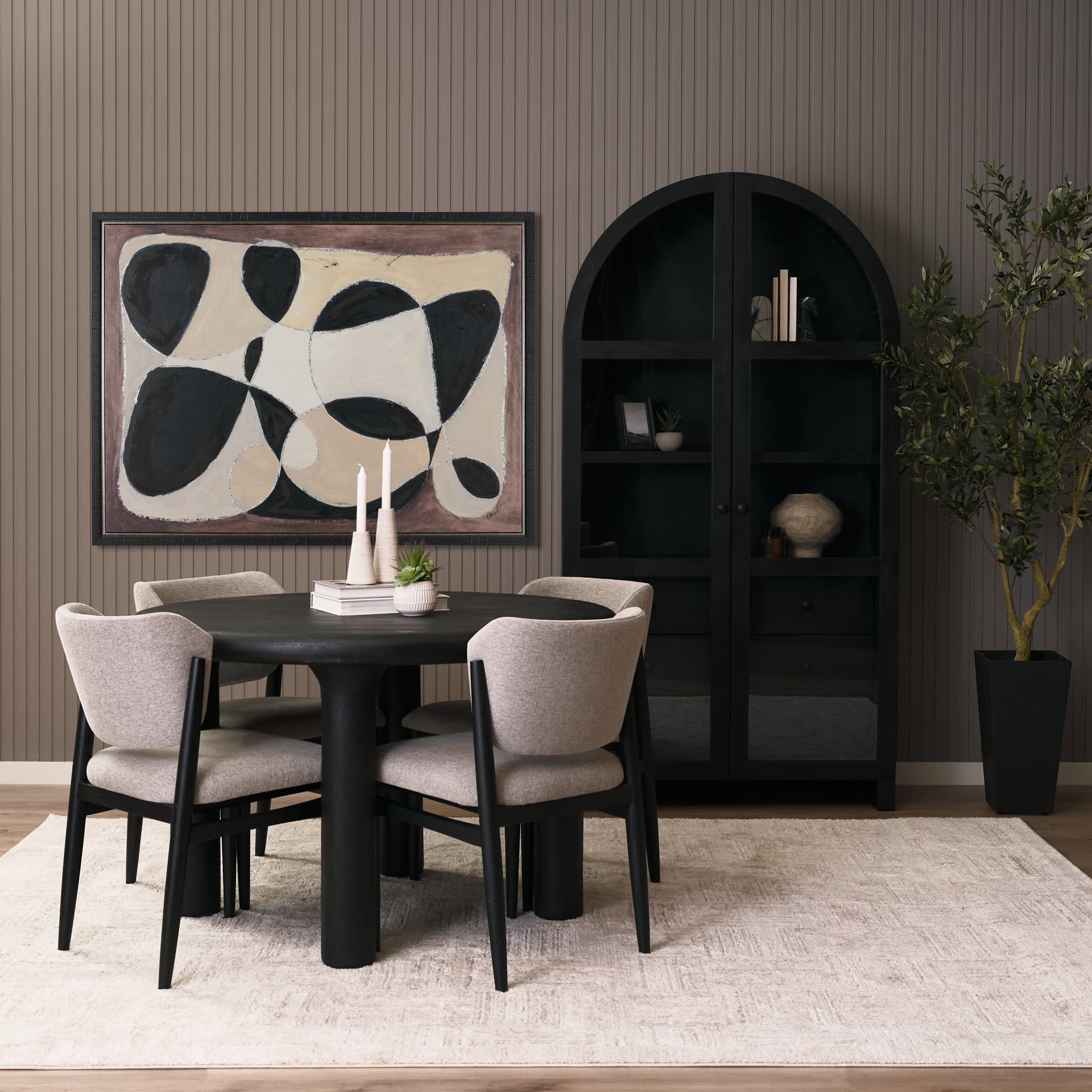 Suri Black Wood W/Glass Doors Arched Curio Cabinet — in a styled room