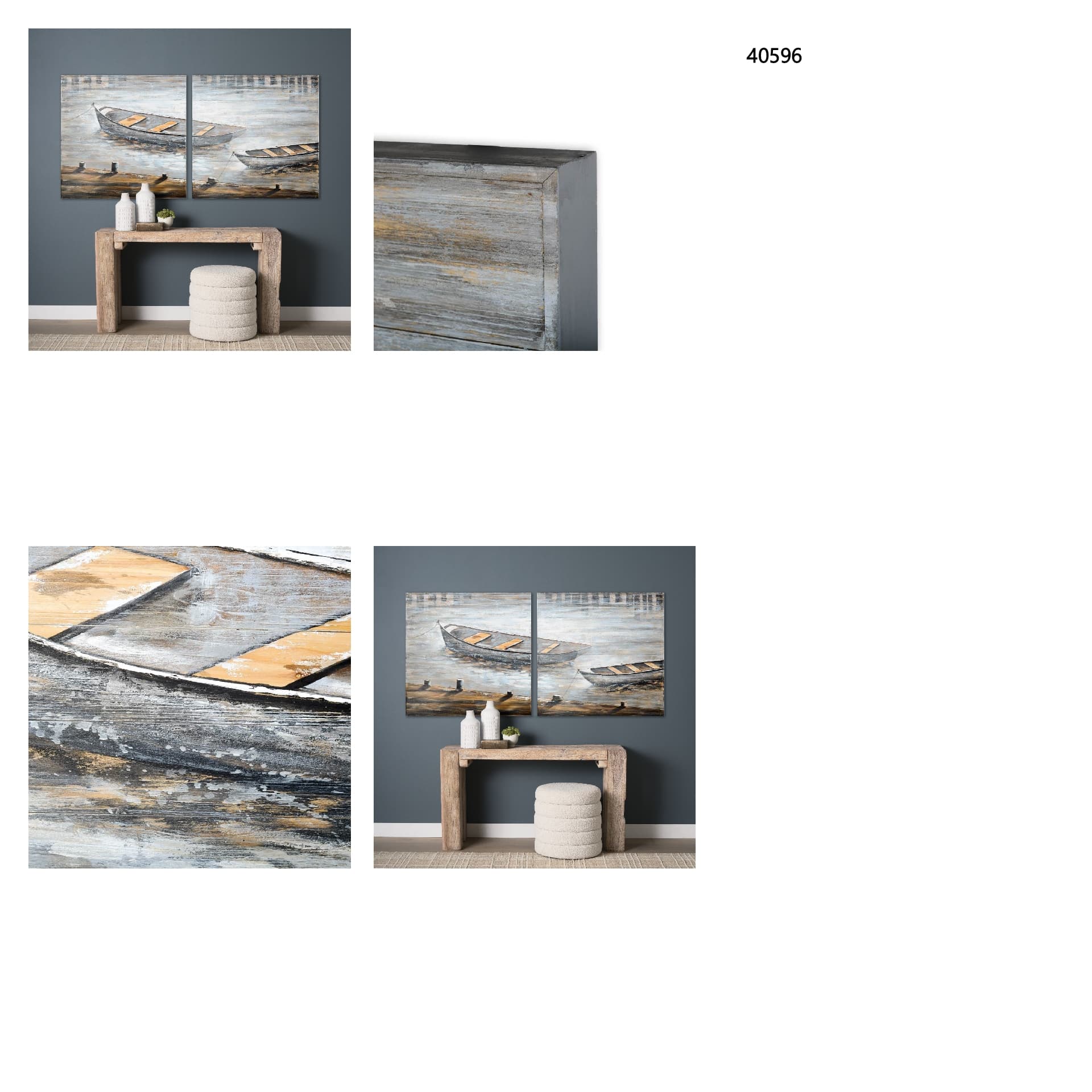 Creekside Diptych 80x40 Boats Original Hand Painted on Wood Oil Painting — in a styled room