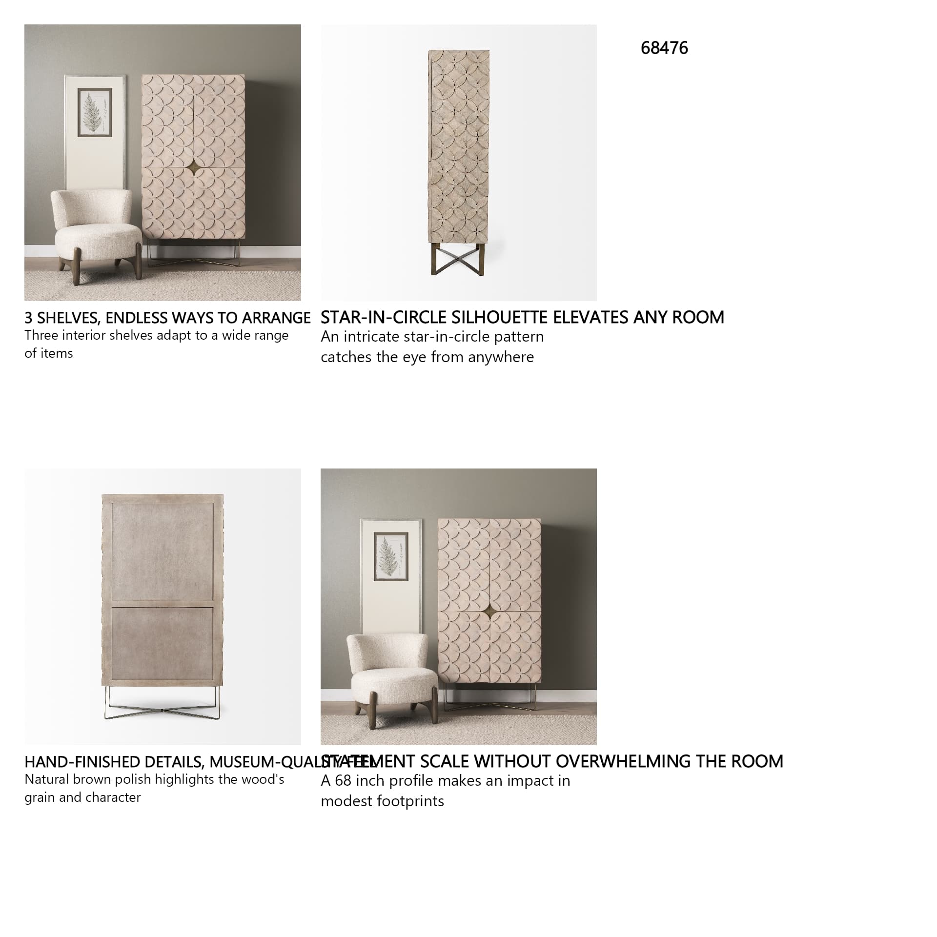 Excelsior II 68.1" H Light Brown Wood Gold Iron Base Storage Cabinet — in a styled room