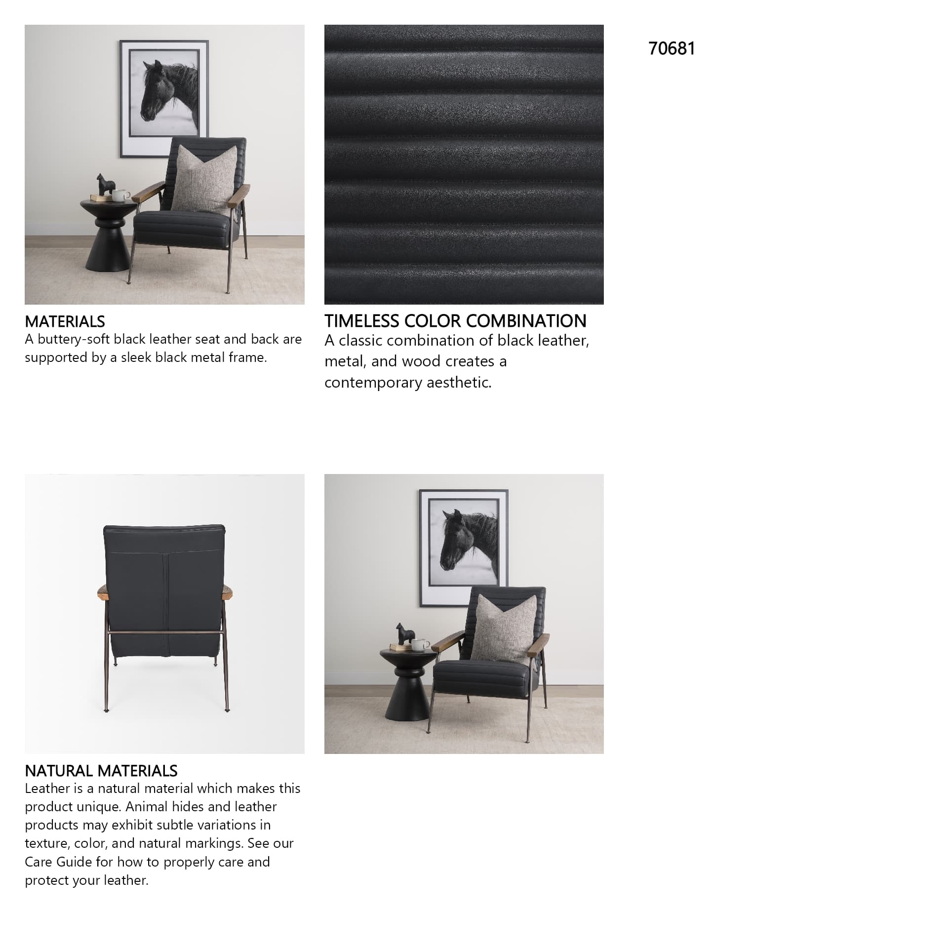 Grosjean Black Leather w/ Black Metal Frame Accent Chair — in a styled room