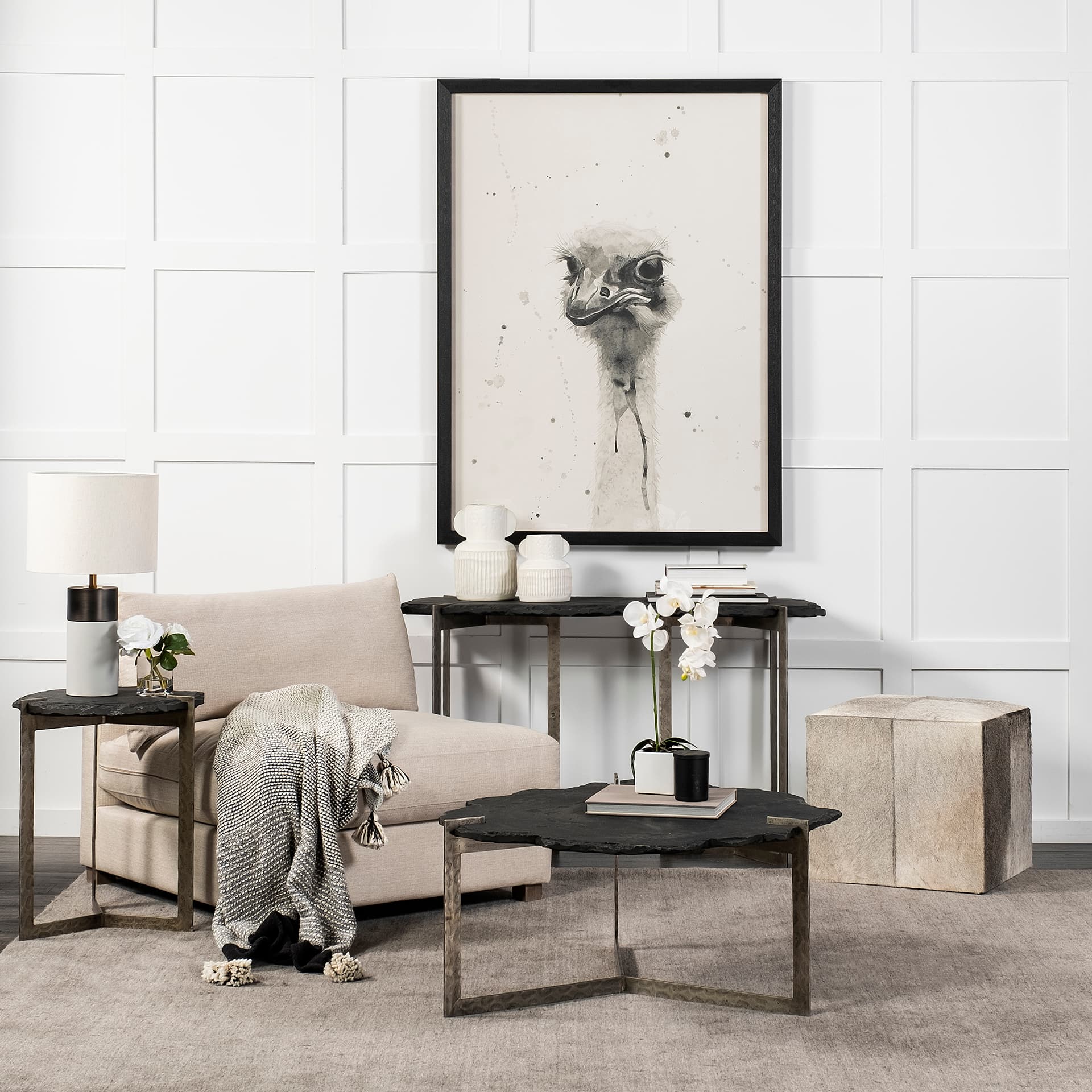 Shale 37" Irregular Live-Edge Black Slate w/Flat Iron Base Coffee Table — in a styled room