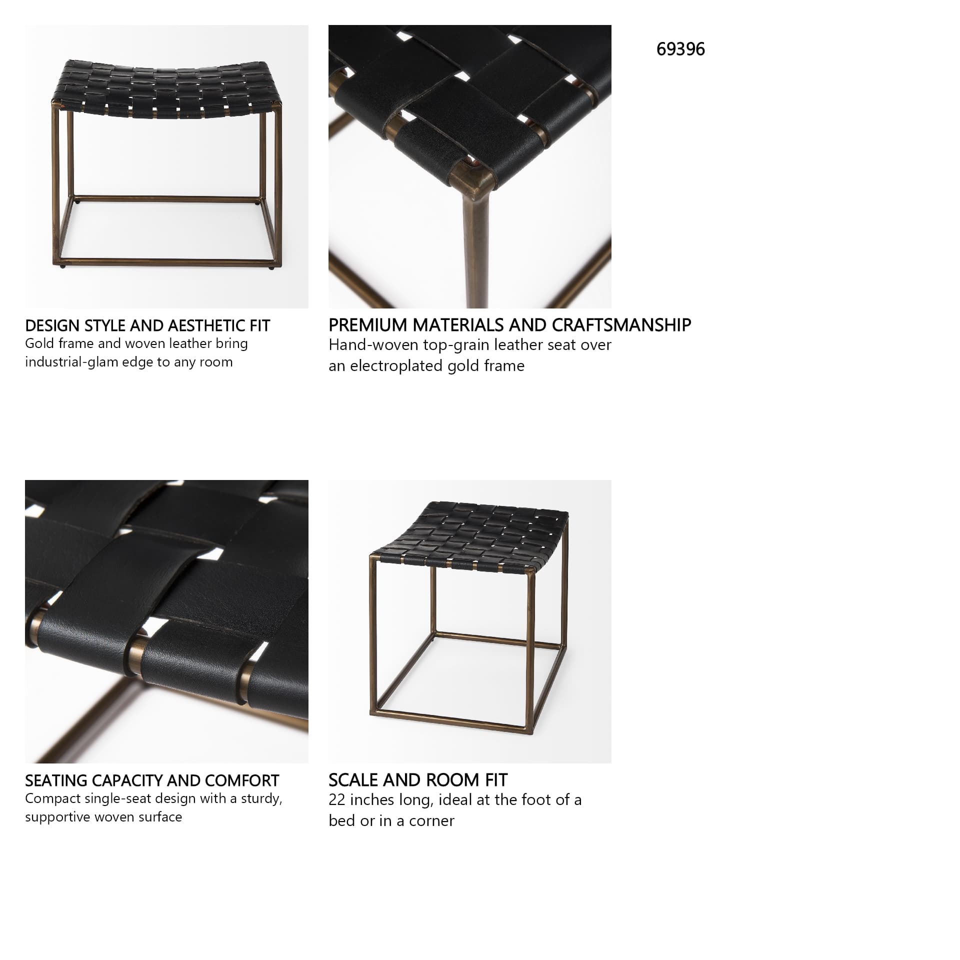 Clarissa 22.0L x 16.0W x 16.75H Black Leather Woven Seat W/ Gold Metal Frame Stool — in a styled room