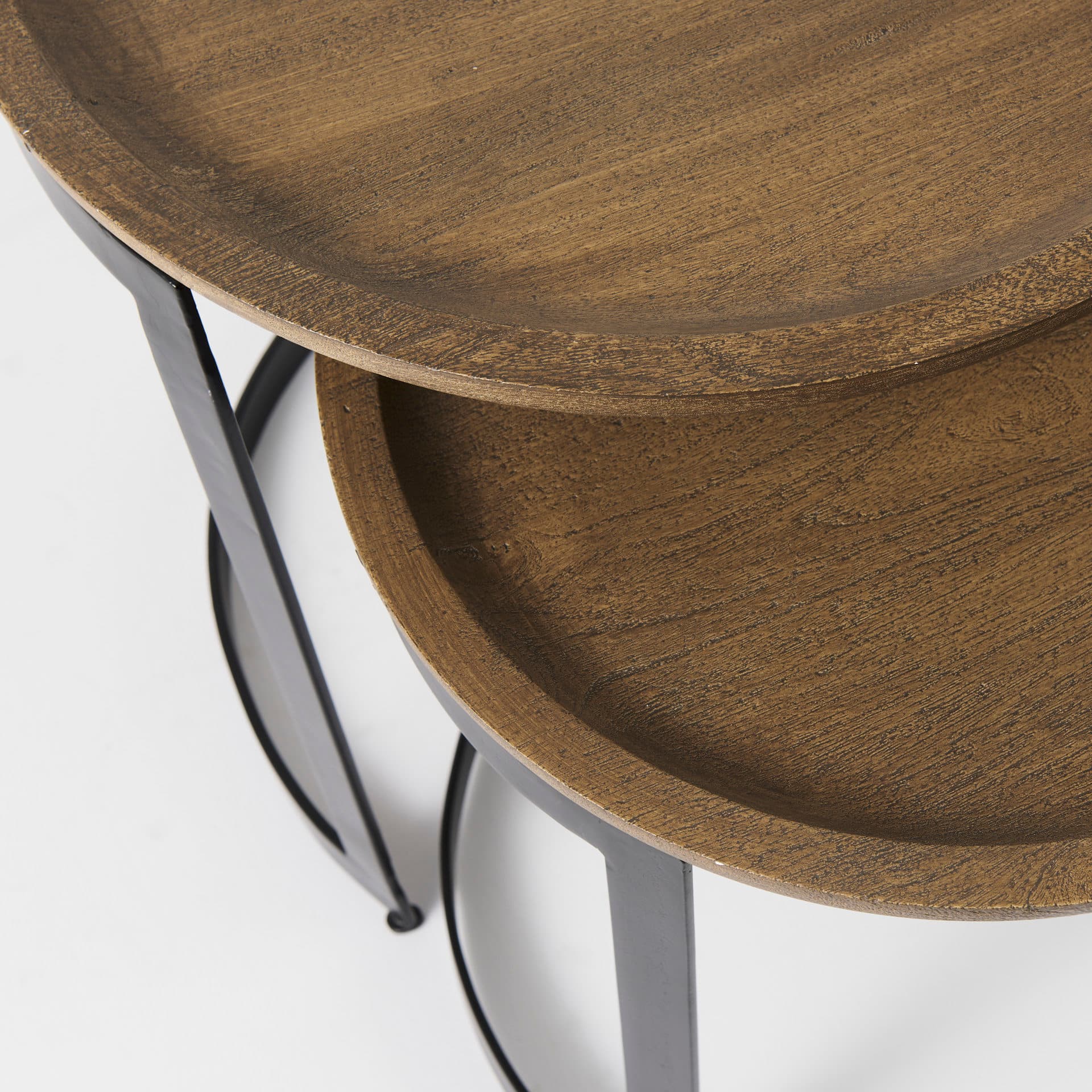 Aisley (Set of 2) 19.3L x 19.3W x 19H Light Brown Wood W/ Black Metal Base Round Nesting Side Tables — product photograph