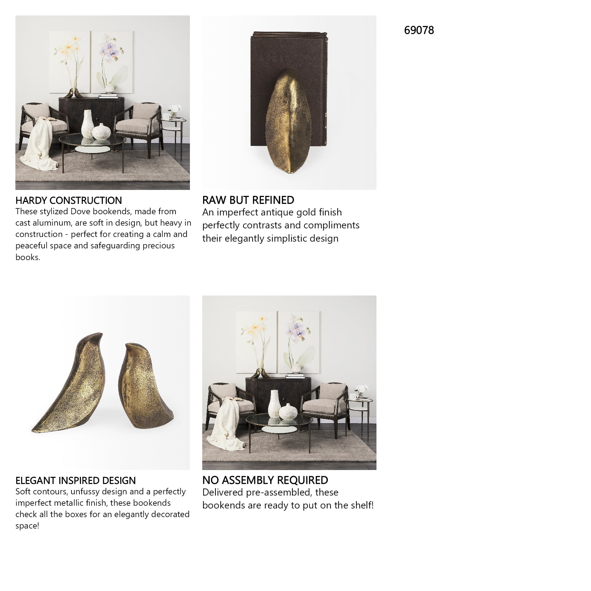 Dover (Set of 2) 15L x 4W Gold Aluminum Dove Bookends — in a styled room