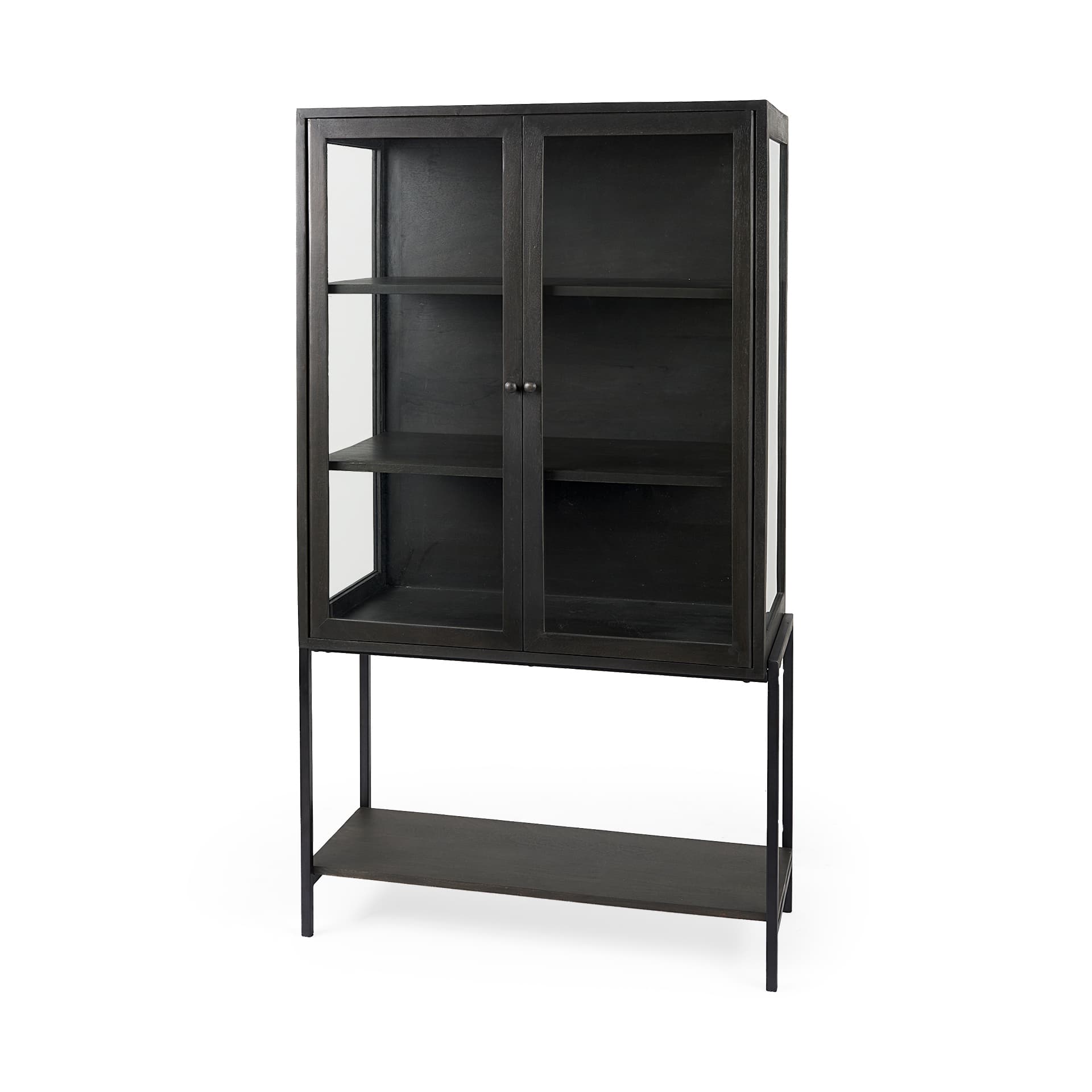 Arelius 36L x 18.75W x 63H Black-Brown Wood W/ Black Metal Base Display Cabinet — product photograph