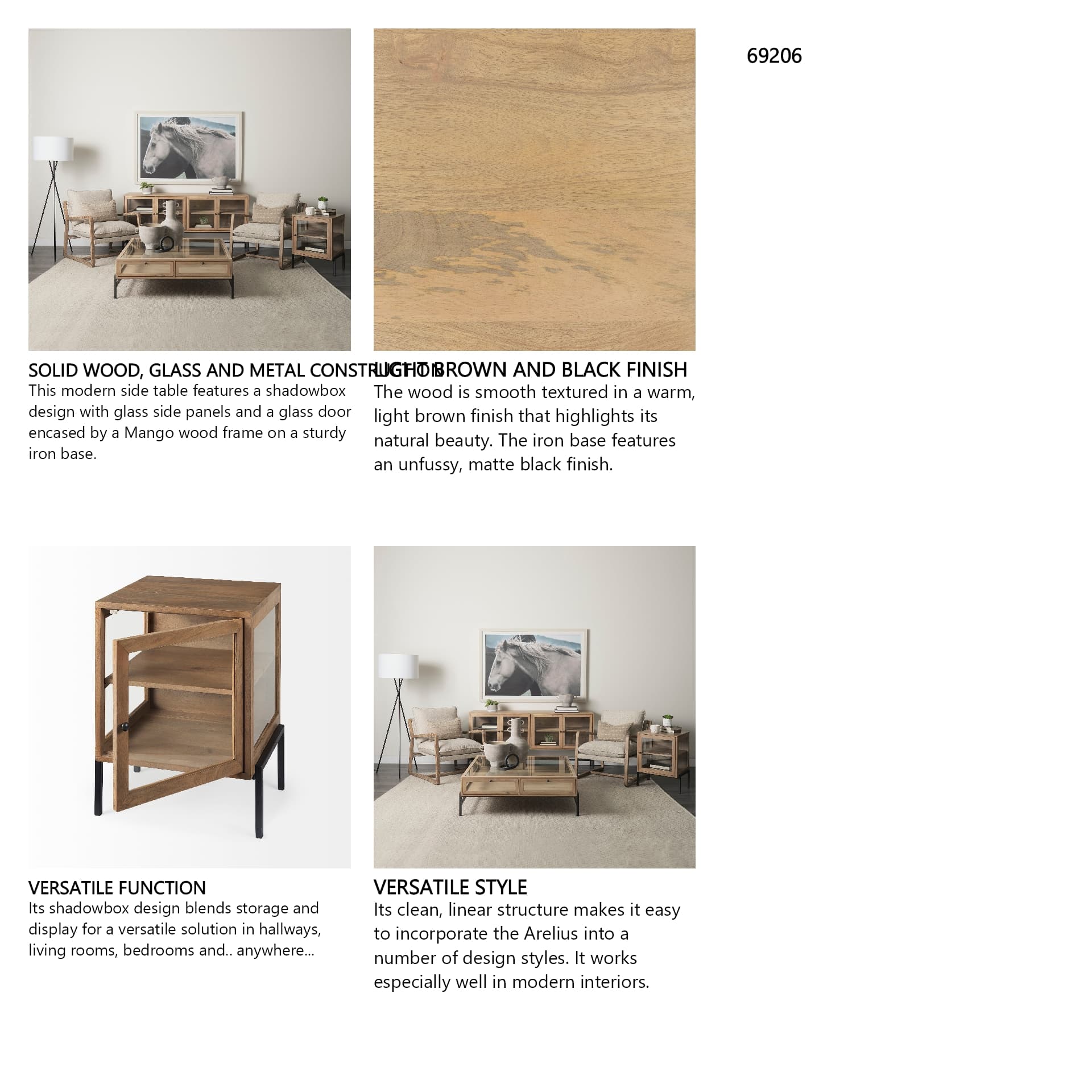 Arelius 20L x 18W x 26H Light Brown Wood W/ Black Metal Frame End/Side Table — in a styled room