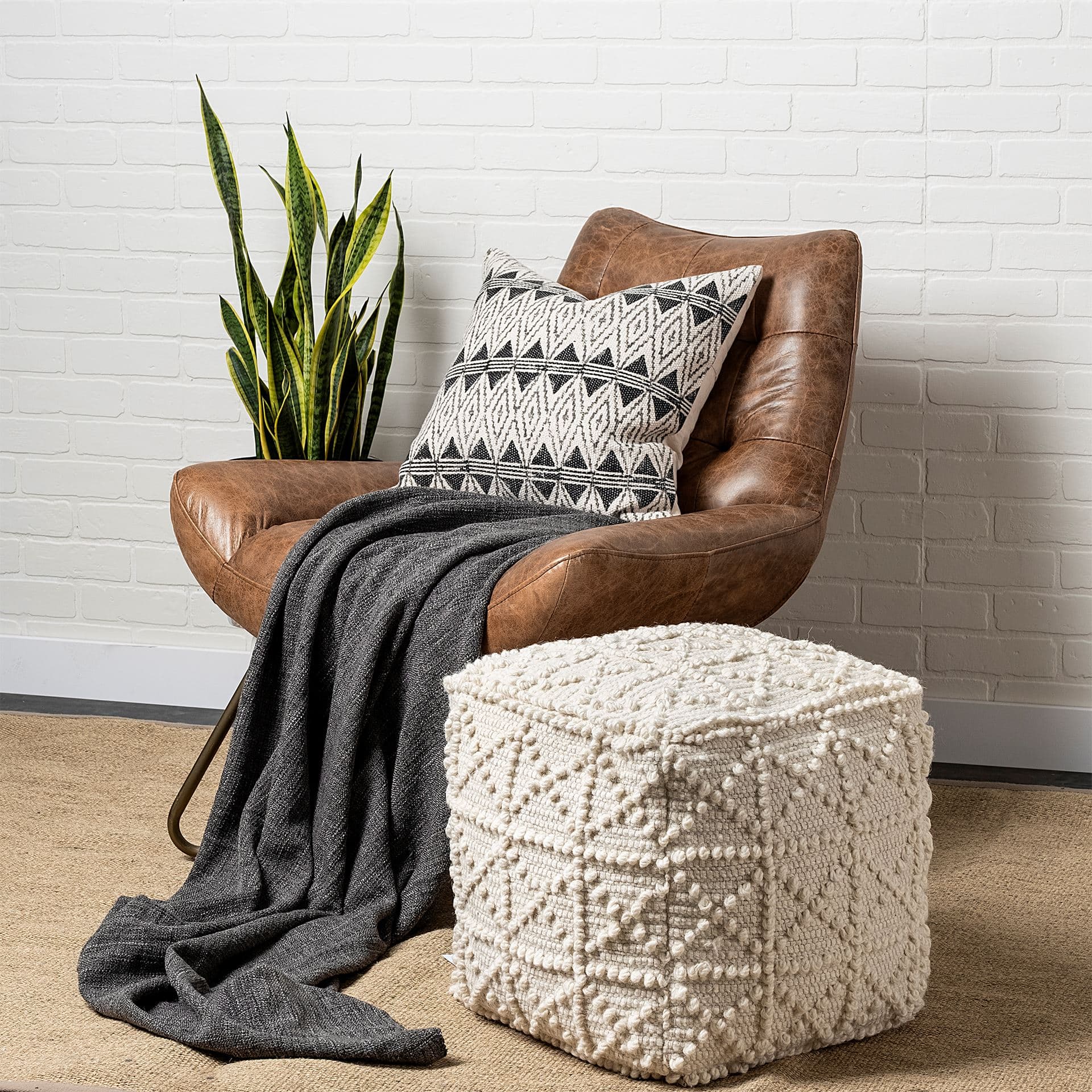 Leroy Square Cream Wool Pouf w/ Popcorn Detail — product photograph